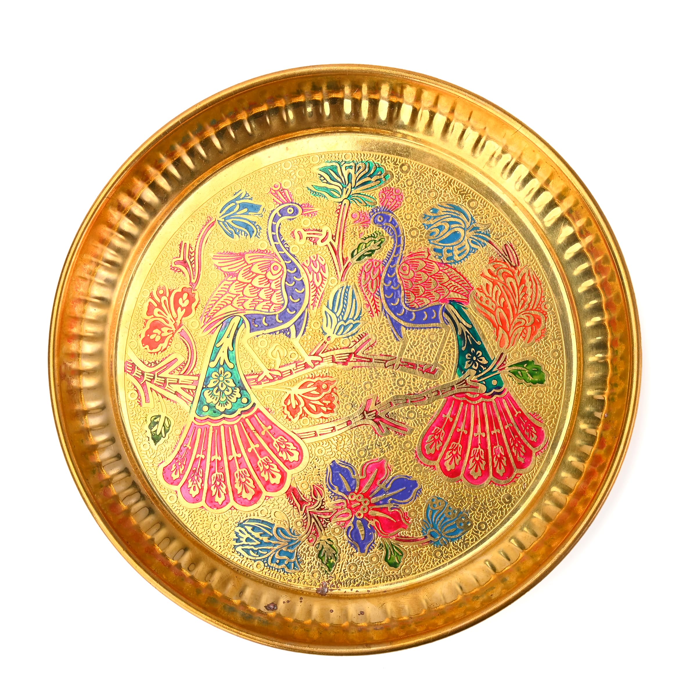 Tarini Gallery Pooja Thali Plate Small Hand Crafted Embossed Colorful Design Peacock Essential Puja Article for Rituals Festivals Home Temple Office Wedding and Gifting (Peacock Plate - 7")