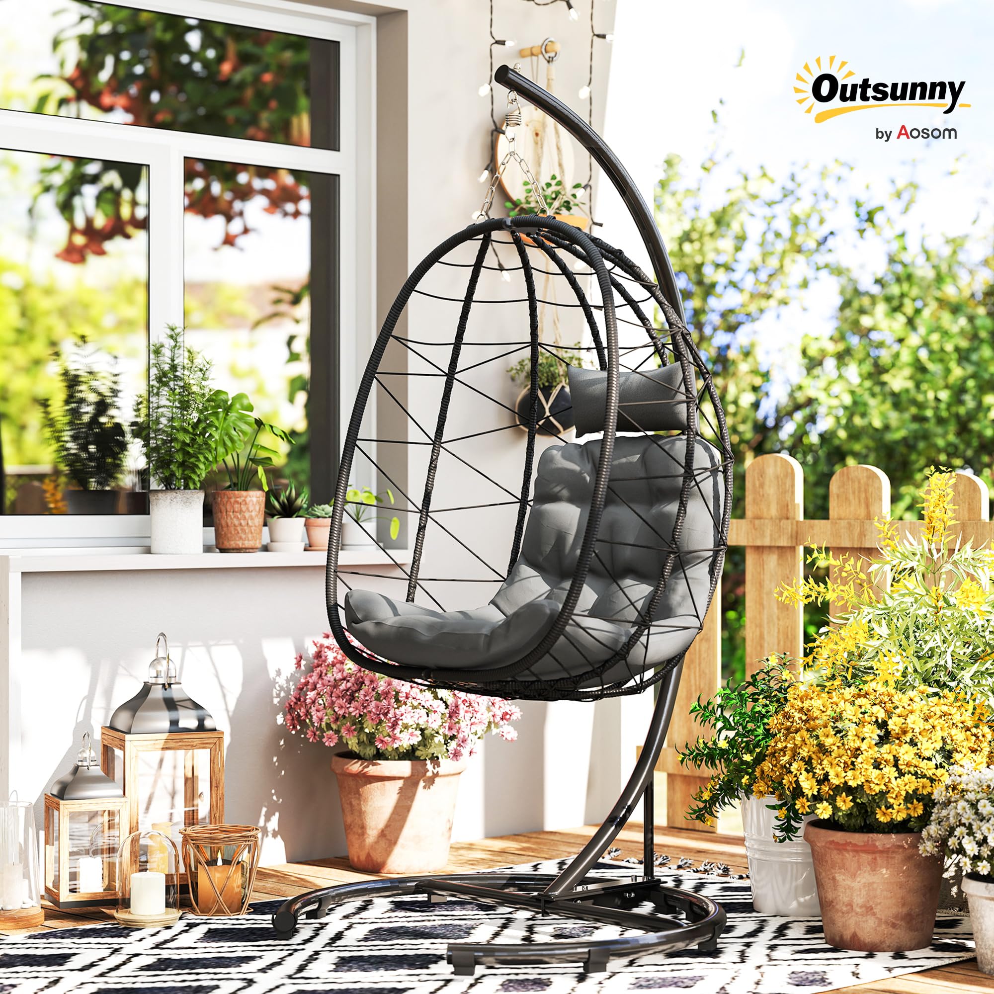 Outsunny Hängesessel Rattan Hängestuhl Indoor Outdoor 195 cm Dunkelgrau | Schaukelkorb, inkl. Gestell, Kissen, Wasserdichte Abdeckung, für Terrasse, Garten, bis zu 150 kg