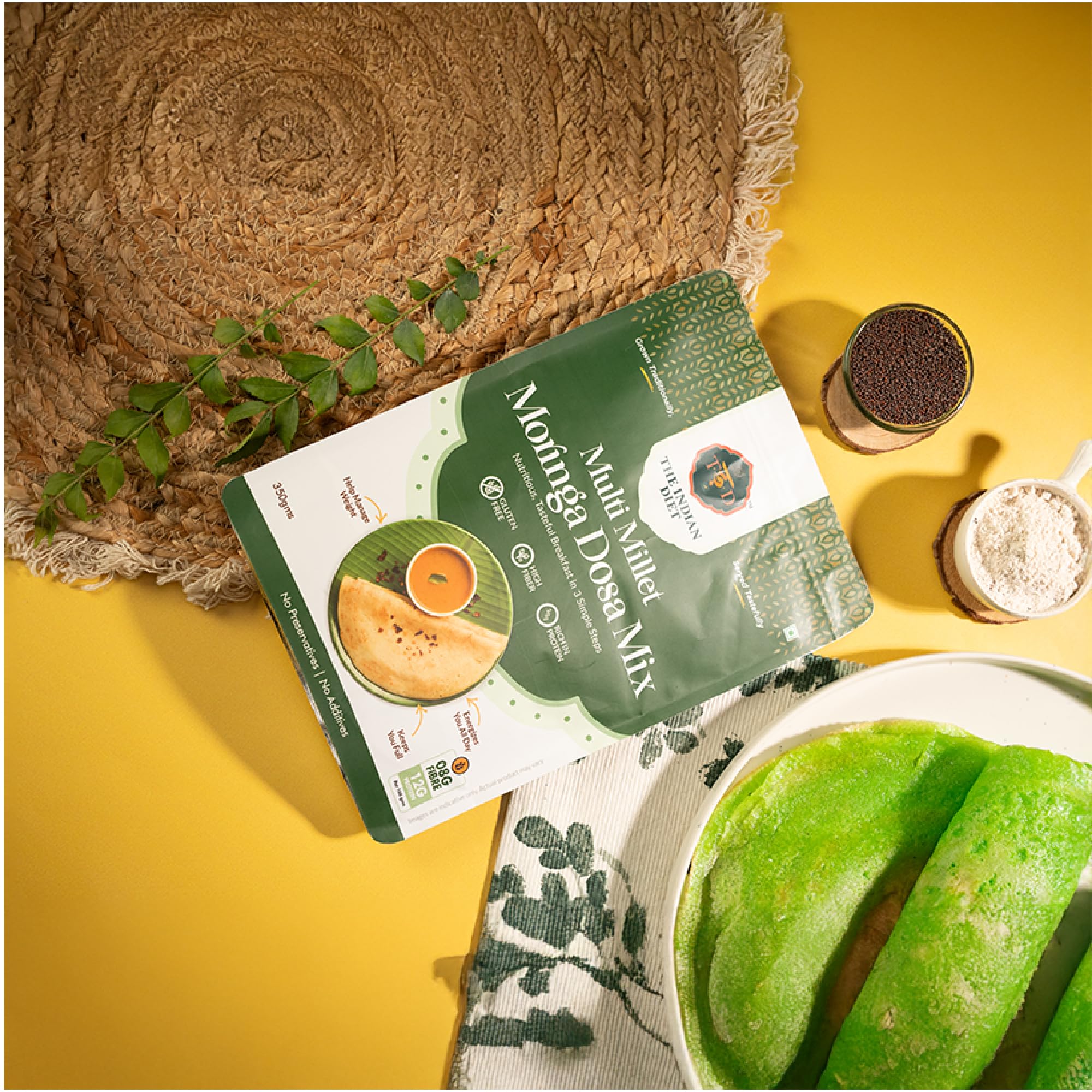 The Indian Diet Multi Millet Instant Moringa Dosa Mix Breakfast | High Fiber, Protein | Pack of (2 × 350 g) | No Palm Oil | Cooks In 3 easy Steps | No Preservatives or Additives 1