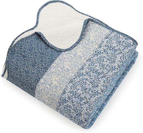 Miniatura 4 de MODERN HEIRLOOM Colcha acolchada bordada floral azul - Ropa de cama ligera transpirable para todas las estaciones, tamaño matrimonial