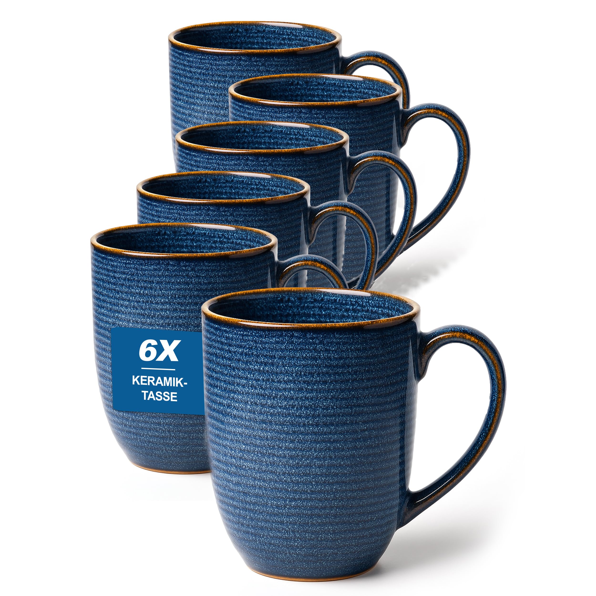 Grünhirsch® Premium Kaffeetassen 6 x 380ml mit Henkel aus Keramik (blau) - Tassen 6er Set für Tee & Kaffee - Teetasse & Cappuccino-Tasse groß - Kaffee-Tassen & Becher - Coffee Cups dickwandig
