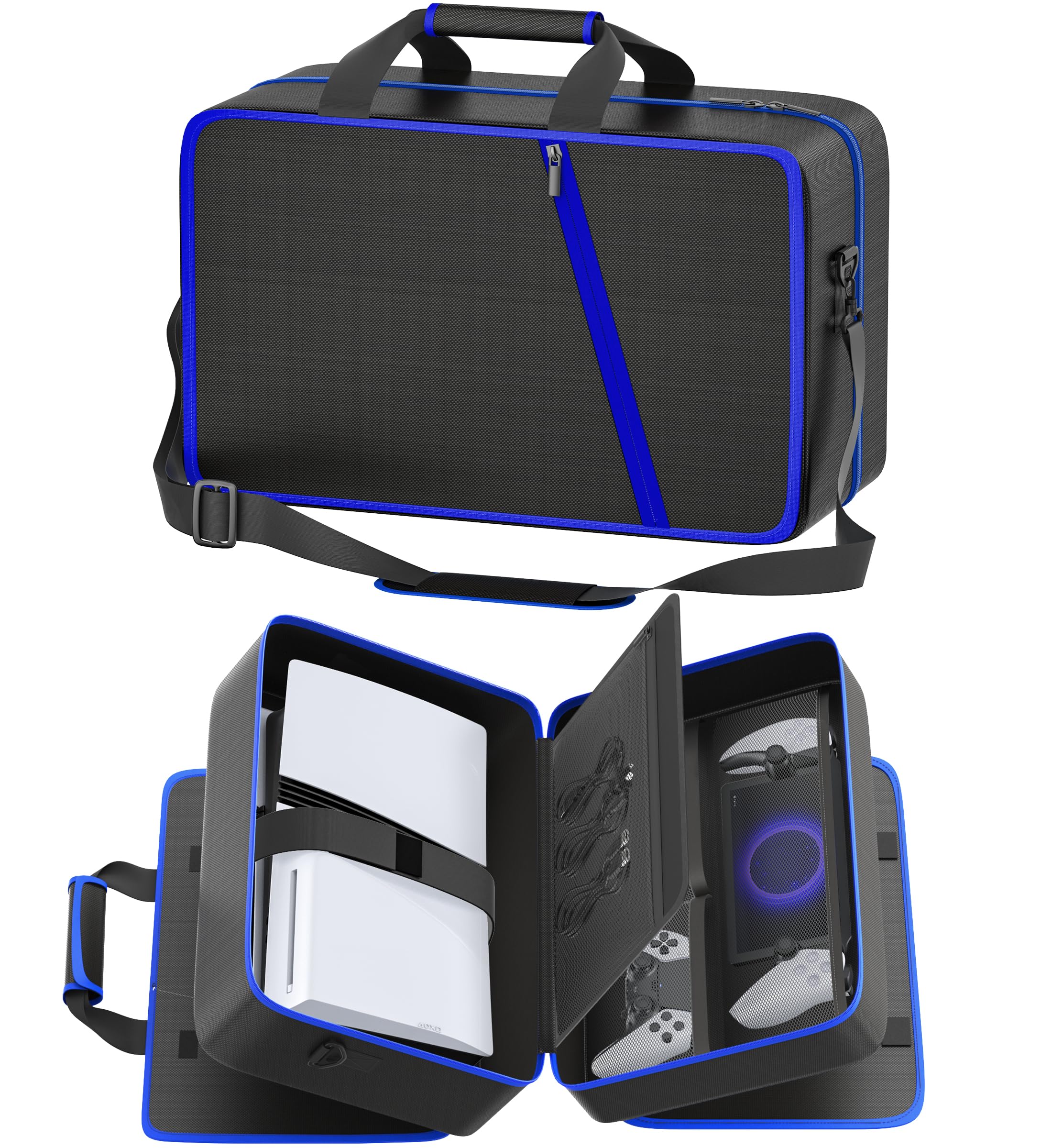 Gersker PS5 Tasche kompatibel mit PS 5/Slim/Pro Digital & Disc, 10 Fächer Aufbewahrung PS5 Rucksack für PS Portal, 4 Spielkarten, 2 Controller, PS 5 Reisetasche mit großer Kapazität, Schwarz & Blau