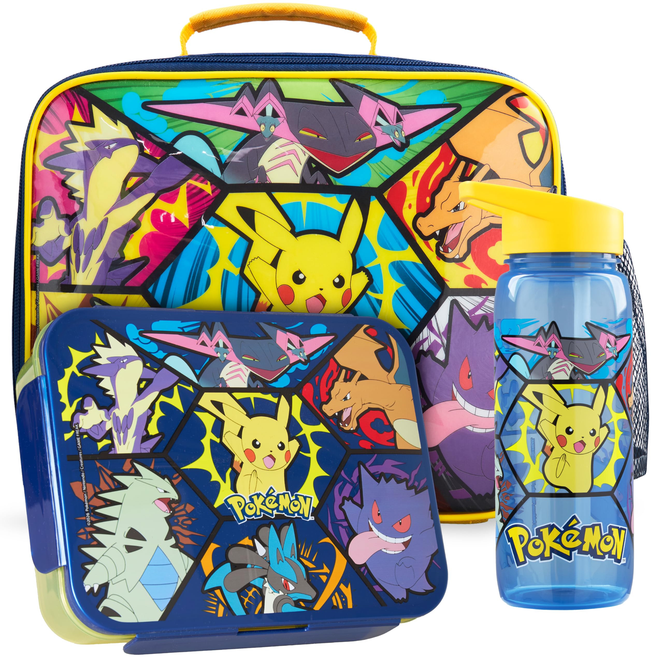 Get Trend Pokemon Kids Insulated Lunch Bag 3Pc Set with Bento Lunch Box & 640ml BPA-Free Water Bottle with Straw, Lightweight Kids Snack Box, Gamer Gifts for Boys (Multi Pokemon)