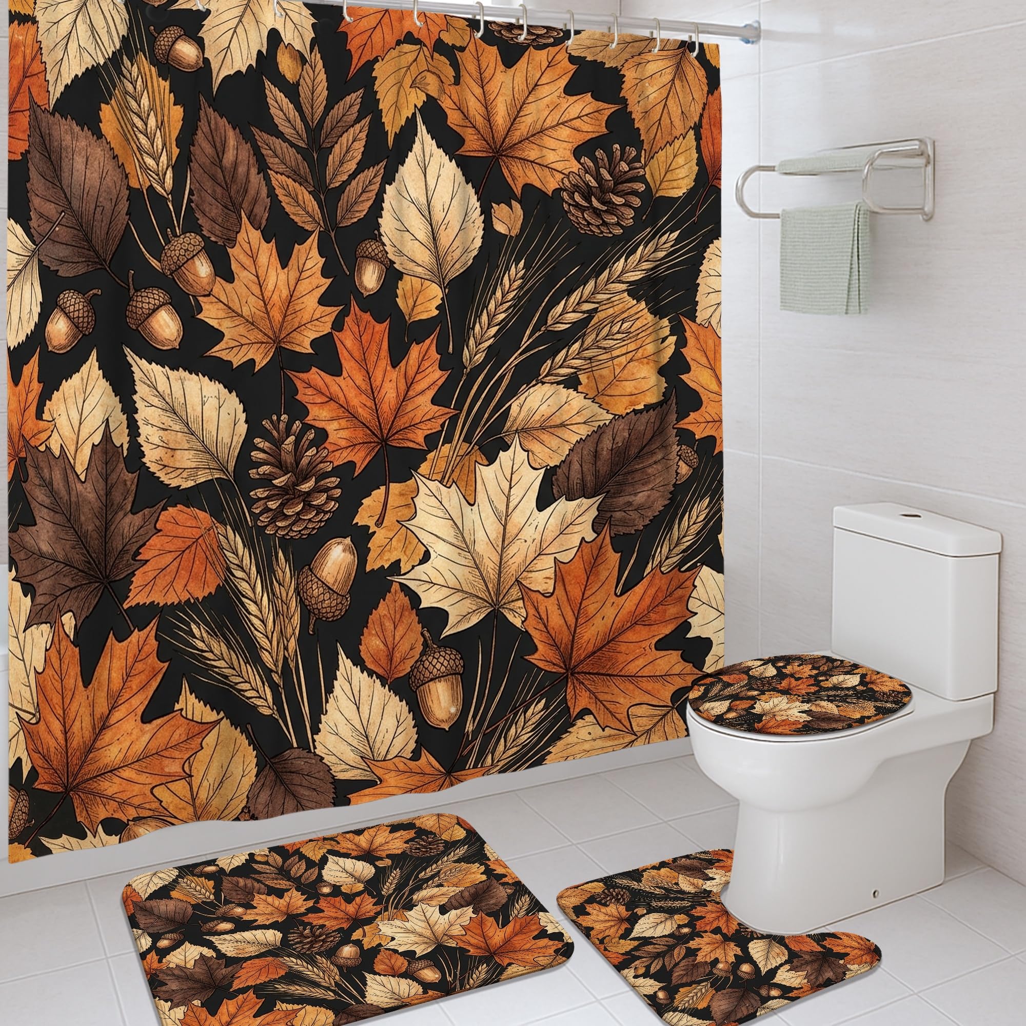 Rideau de douche imperméable anti-éclaboussures motif feuilles de pin rustique