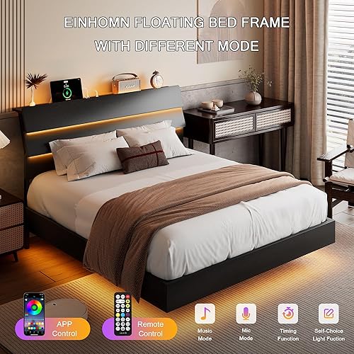 Miniatura 3 de Base de cama flotante tamaño Queen con cabecera LED y estación de carga, base de cama de plataforma de metal con almacenamiento, control remoto,