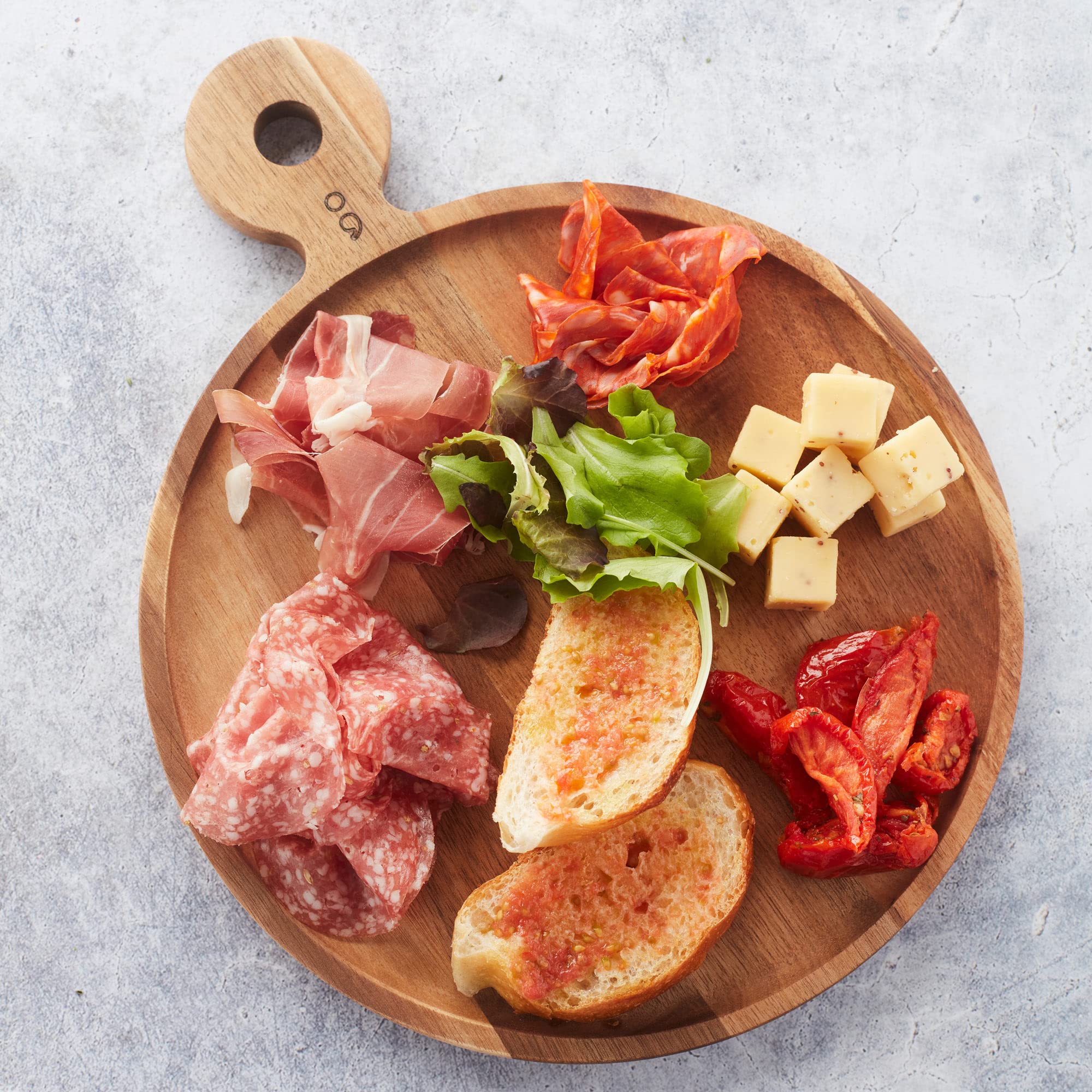 Point-Virgule planche apero en bois d'acacia ronde avec poignée, planche à hamburger, 25cm, Brun