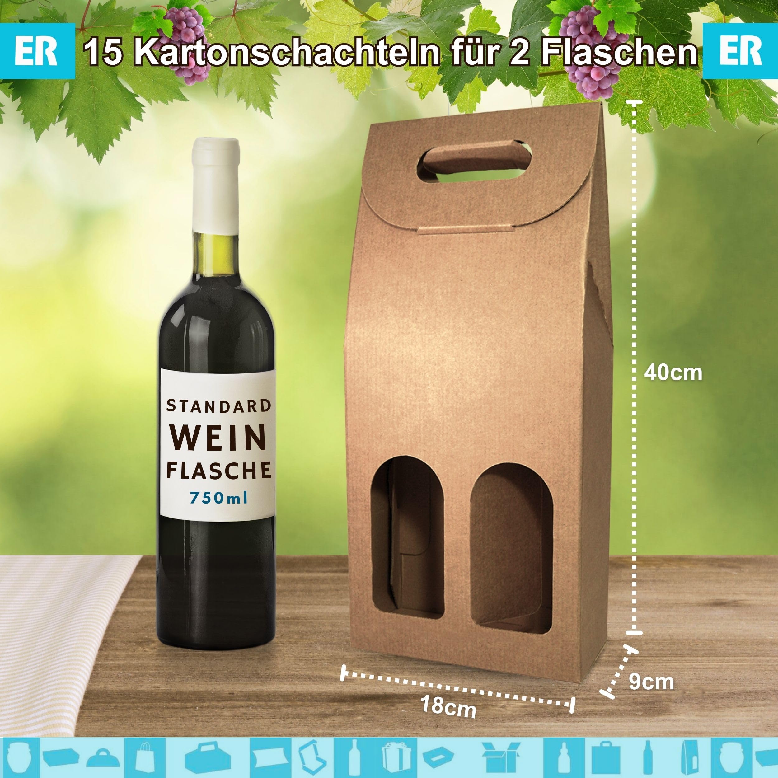 15x Weinbox für 2 Flaschen 18x9x40 cm – Braune Geschenkbox für Wein, Sekt und Spirituosen | Weihnachten, Geburtstag, Hochzeit | Espirito Rebelde