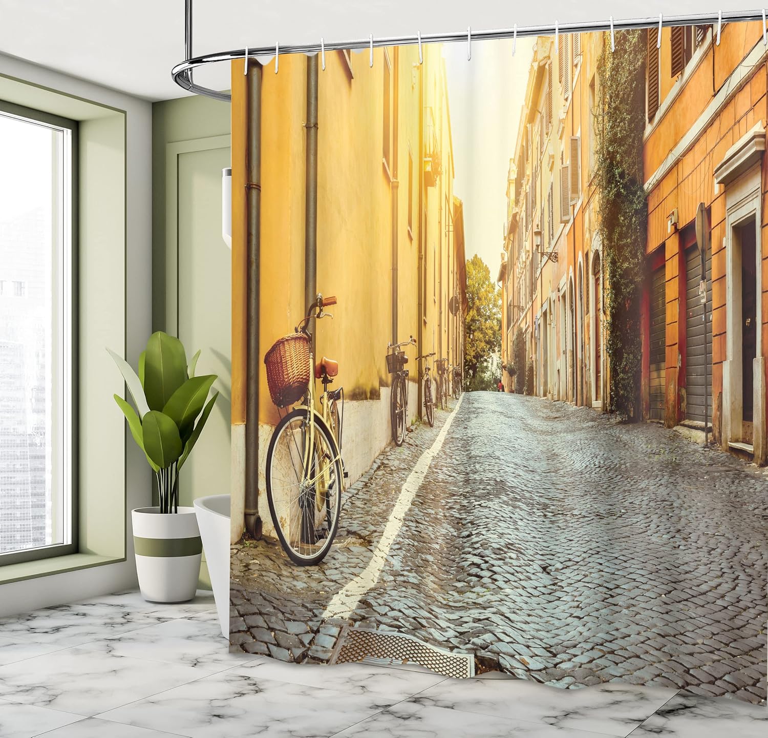 Ambesonne Scenery Art Shower Curtain, Street in Rome Italy Bicycle Travel Honeymoon Destinations, Cloth Fabric Bathroom Decor Set with Hooks, 69" W x 84" L, Earth Yellow and Blue Grey