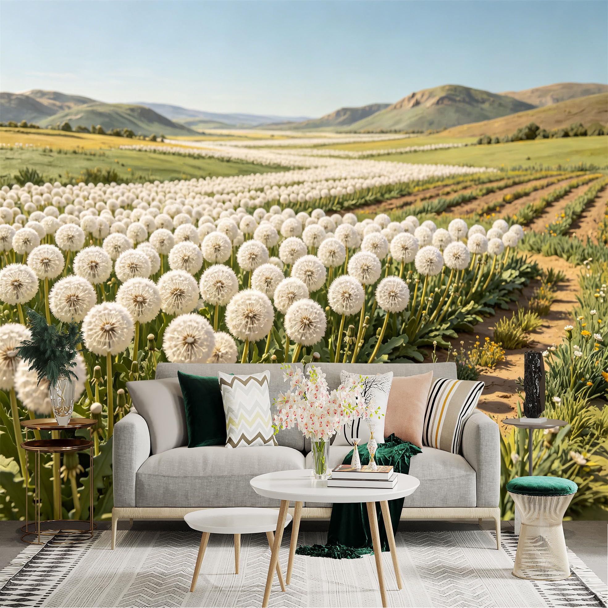 Lnzczhyre Dbh260521047 Custom Size Wall Sticker Mural， White Dandelion Field， Vast Meadow Landscape， Sunny Natural Scenery， Spring Floral Vista， For Wall Decoration， Peelandstick Wall Decals.