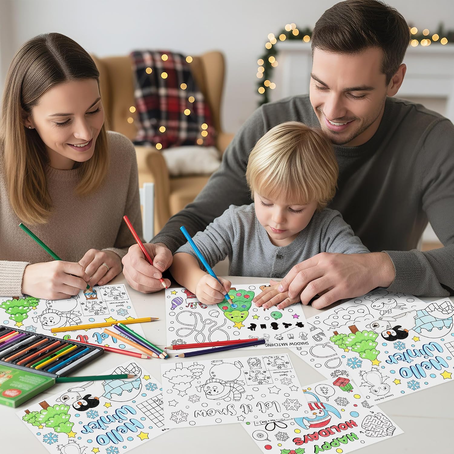 ANGOLIO Winter Game Coloring Pages - 32P Hello Winter Scene Activity Game Coloring Posters for Kids, Happy Holidays Bulk Snowman Penguin DIY Crafts Classroom Home Holiday Party Supplies Christmas Gift