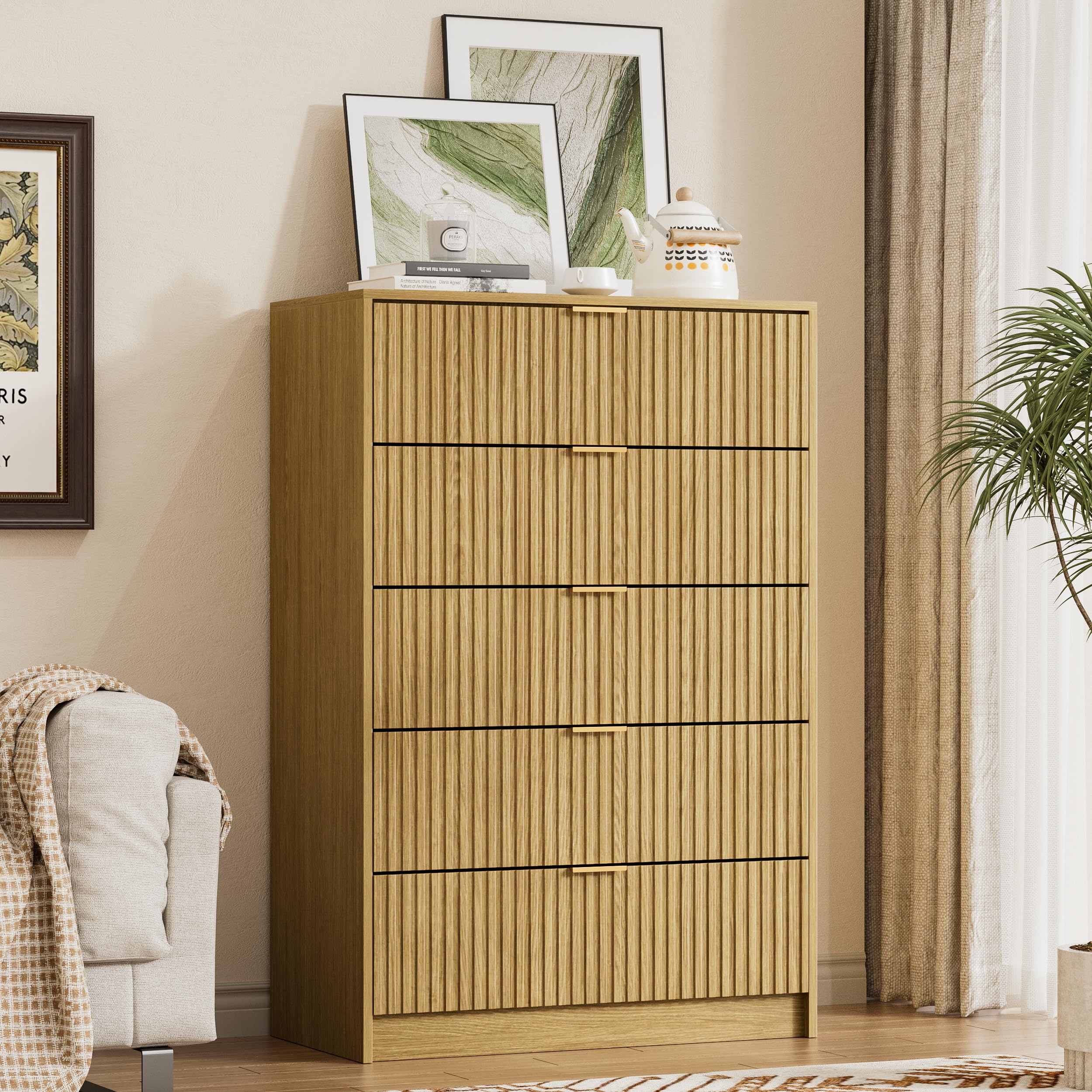 Furniway Mid Century Modern Dresser for Bedroom, 5 Drawer Tall Wood Dresser with Fluted Front, Chest of Drawers for Closet, Living Room, Hallway, Natural Oak