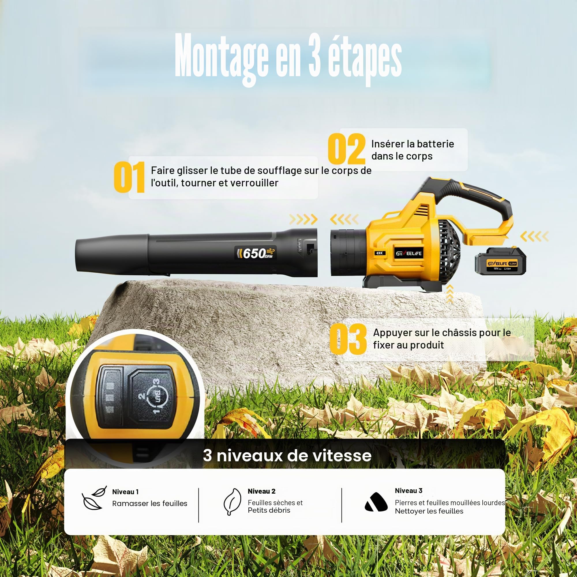 GEVEELIFE Souffleur électrique 20 V 257 km/h avec 3 Vitesses et 2 Batteries de 5,0 Ah pour Jardin, Feuilles, poussière et Neige (Batterie Incluse), Jaune