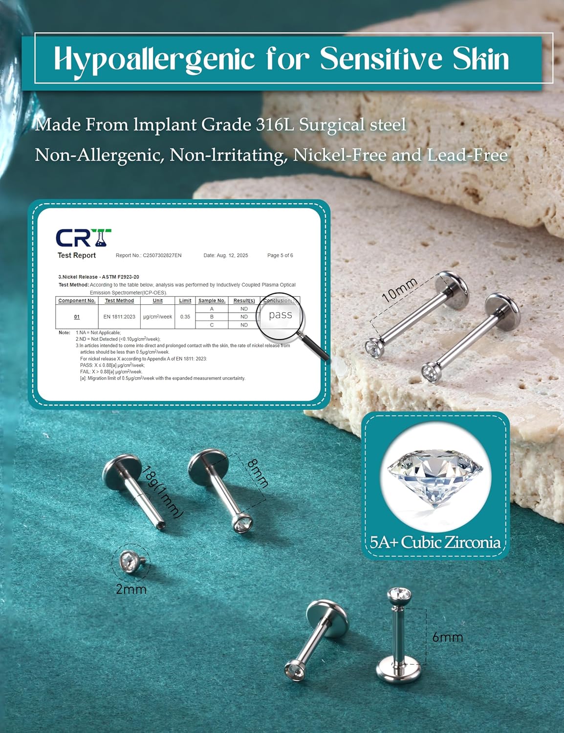ORAZIO Silver Flat Back Stud Earrings, 18G 316L Surgical Steel Internal Thread CZ Studs Hypoallergenic Conch Cartilage Helix Tragus Piercing Jewelry Lip Labret Medusa Nose Studs for Women Men S Set