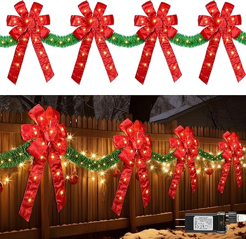 Decoración de valla de lazos de Navidad de 13 pies, decoración de lazos de Navidad grandes iluminados con 140 luces LED con 8 modos y adorno de