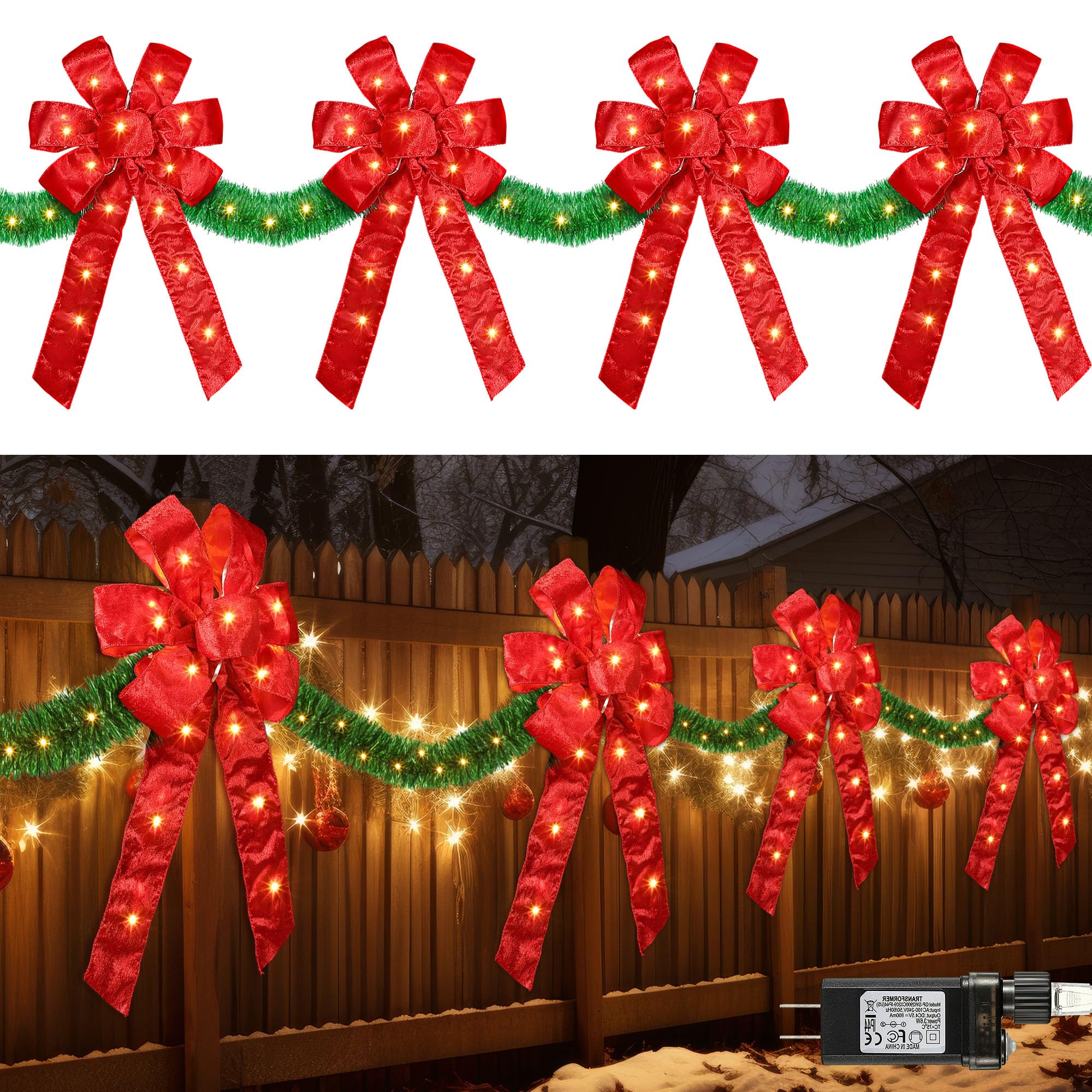 Guirnalda de Navidad artificial de Navidad de 13 pies y lazos, decoración de valla de 140 luces LED, decoración de lazos de Navidad con 8 modos y sincronización para puerta delantera,