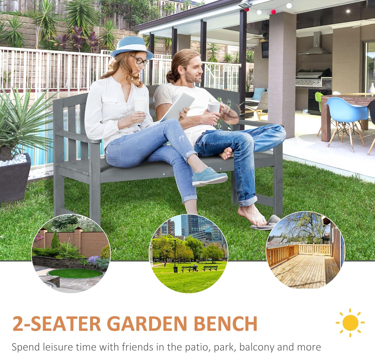 Outsunny 56" Outdoor Wood Bench, 2-Seater Garden Bench with Backrest and Armrest, Patio Bench for Patio, Porch, Poolside, Balcony, Gray
