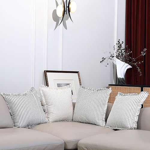 Miniatura 9 de BOYSUM Juego de 2 fundas de almohada decorativas de lino con flecos de 12 x 20 pulgadas para cama, sala de estar, fundas de almohada a rayas, estilo