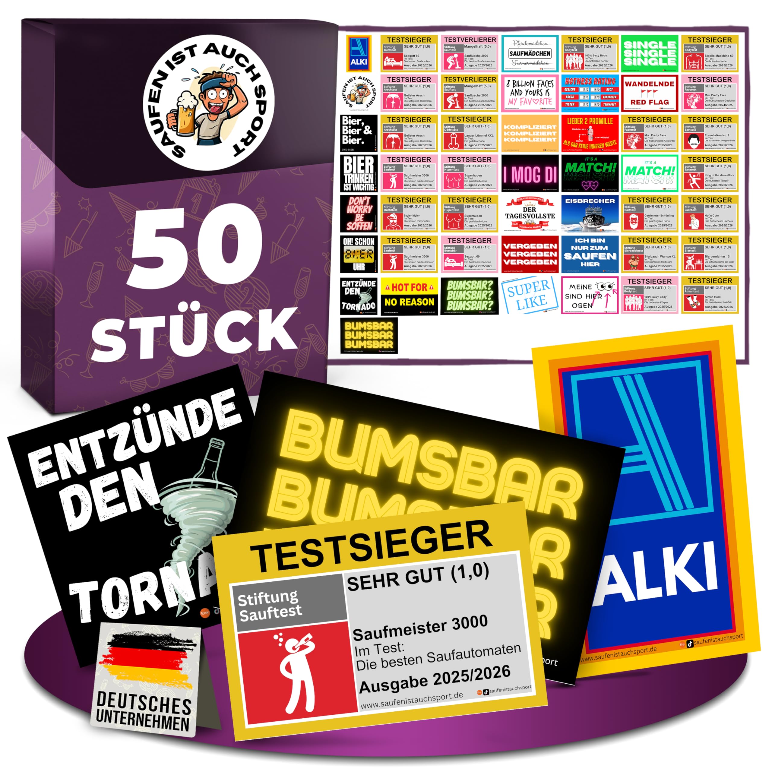 Malle Sticker Set 50 Stück – Lustige Mallorca & Party Aufkleber – Sauf Sticker, Festival Accessoires, Oktoberfest & JGA – jedes Motiv 1 mal