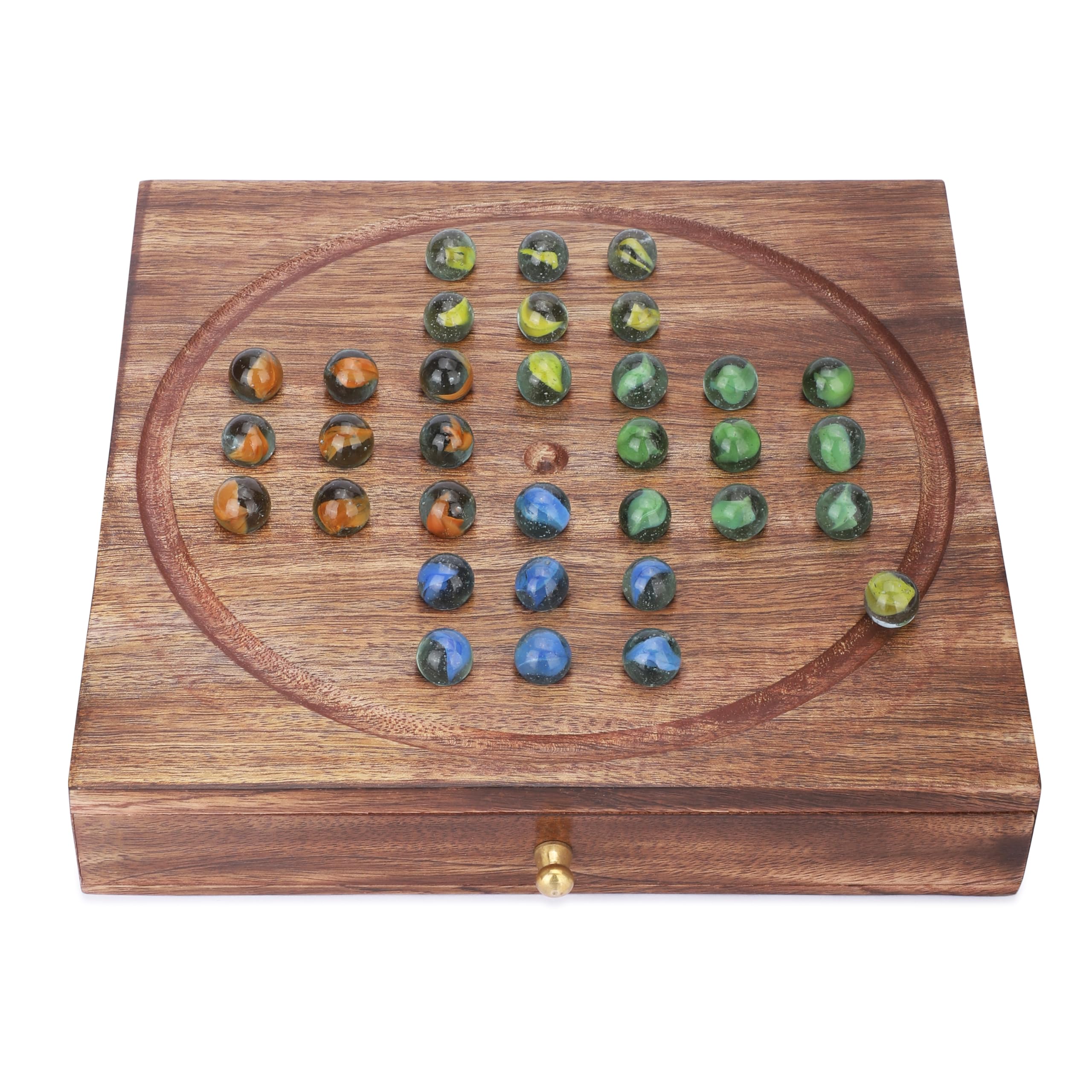 AjunyWooden Solitaire for Seniors with Storage Drawer Board Game Handmade Vintage Style with 33 Marbles in 4 Colors Fun Family Tabletop Home Office Decorative Games for Kids and Adults 10x10 Inch