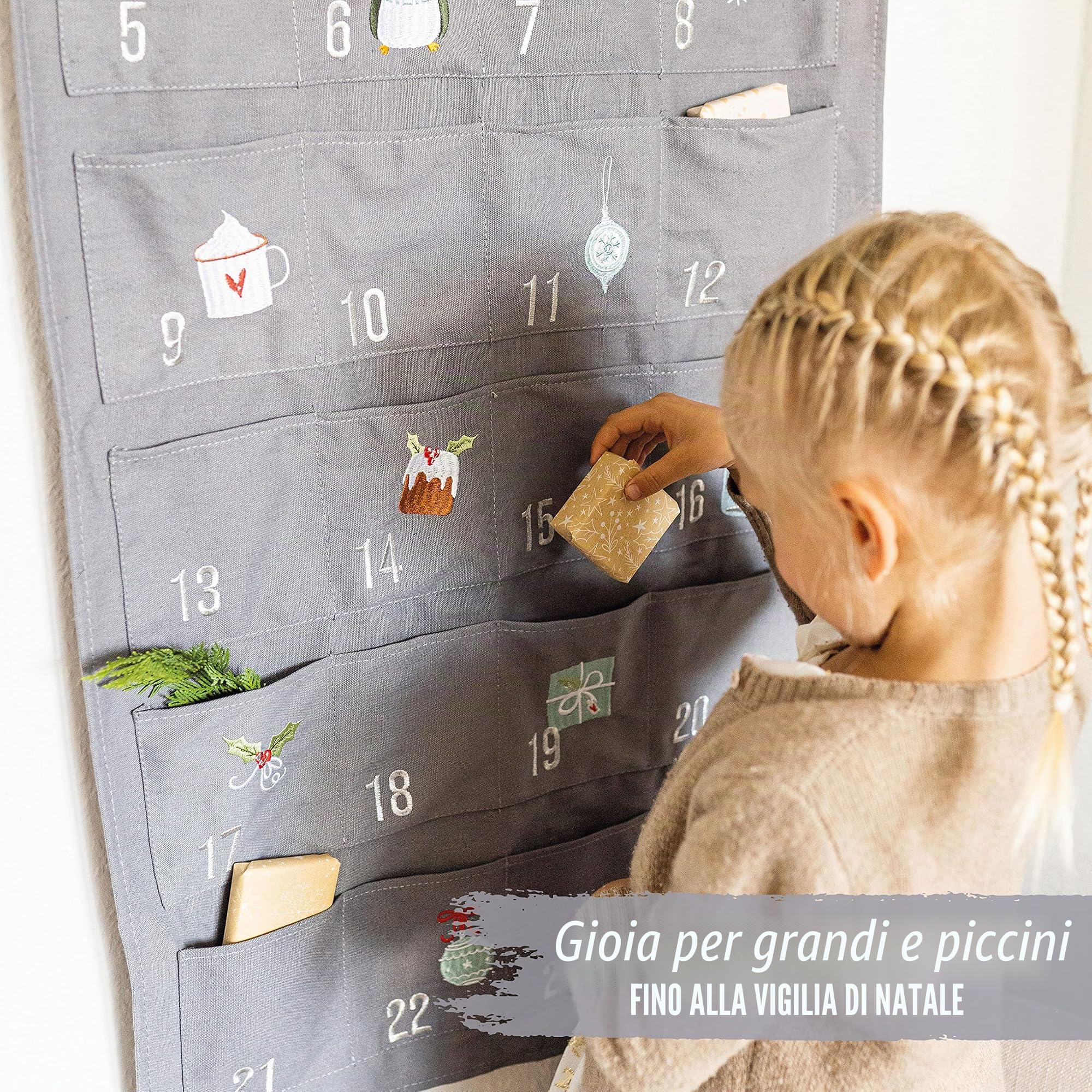 Papierdrachen - Calendario dell'Avvento da riempire in tessuto ricamato, con sacchetti, riutilizzabile, colore: blu/grigio e argento, set n. 35