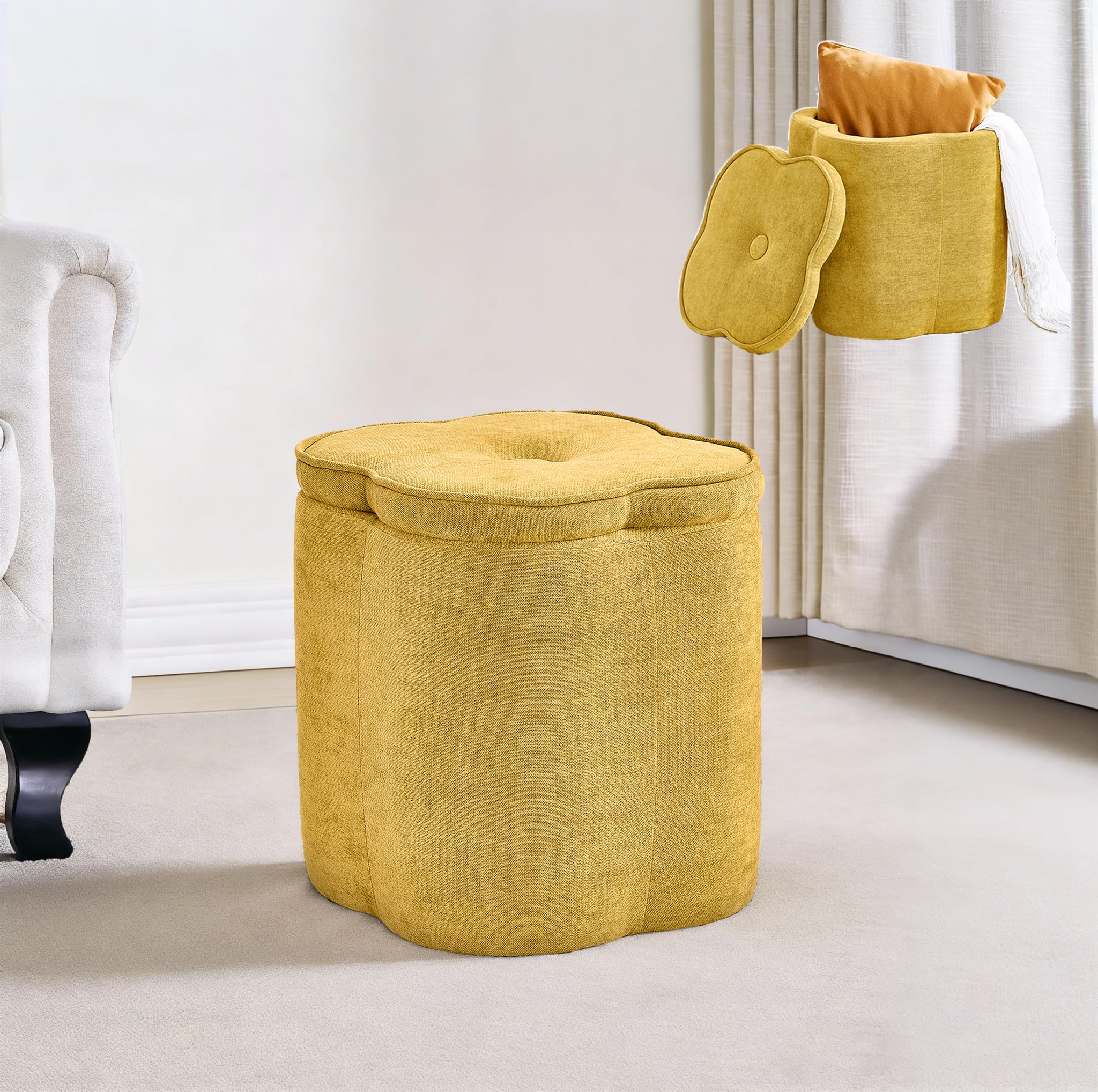 Crestview Collection 18" Flower Foot Rest Ottoman with Storage,Chenille Fabric Pouf Ottoman for Home Decor, Vanity Stool, Extra Seating for Living