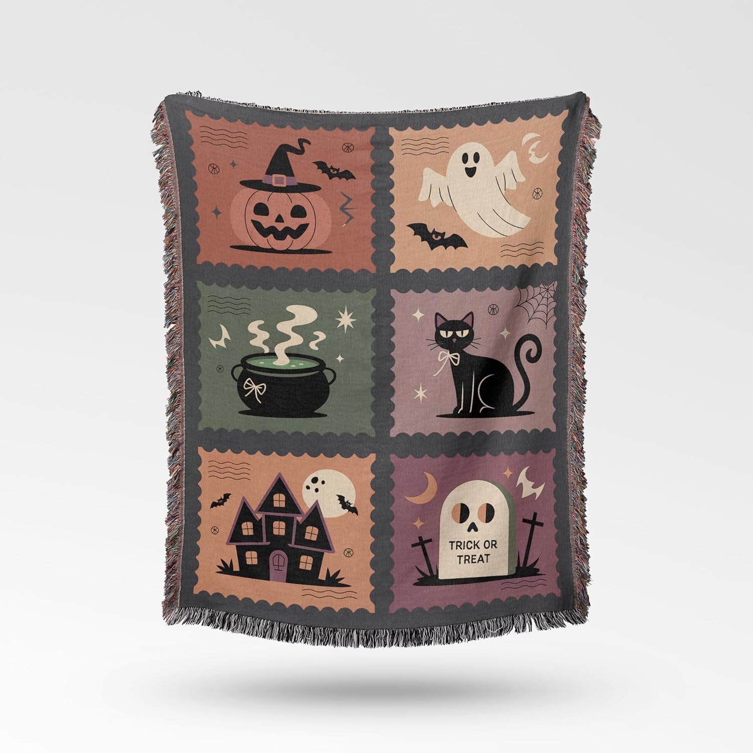 Halloween Postage Stamp Blanket – Woven Throw with Ghost, Cat, Pumpkin – Cozy Fall Blanket for Cute Spooky Season Home Decor