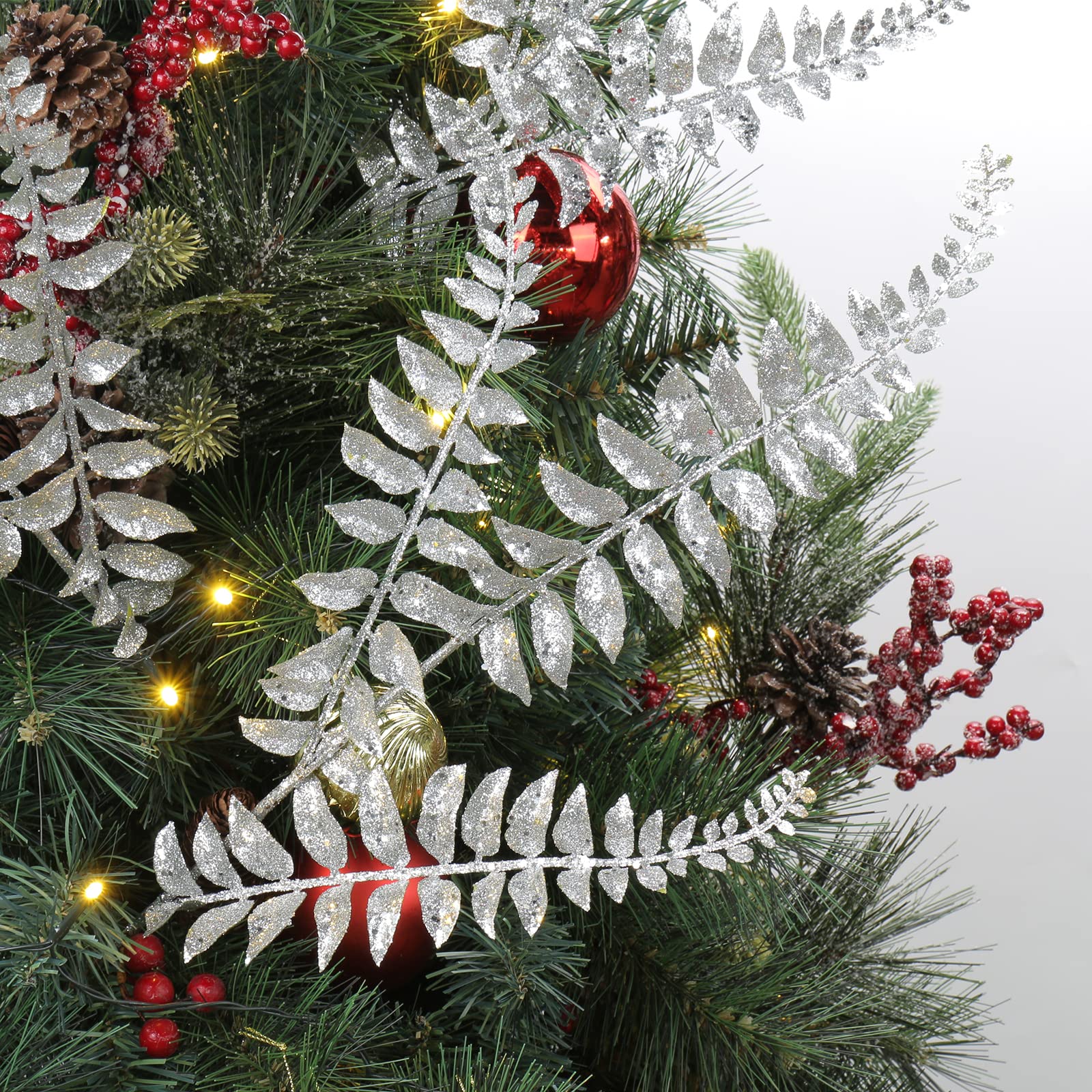 6PCS Christmas Glitter Leaves 63cm Artificial Boston Fern Silver Glitter Leaf Floral Picks Christmas Tree Decorations Artificial Leaves Stem for Xmas Tree Ornaments New Year Flower Arrangment - Image 3