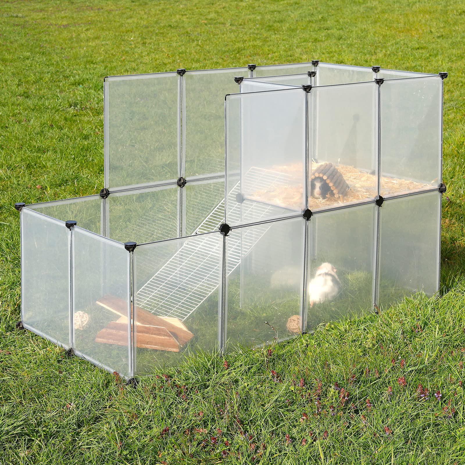 lionto Wybieg dla królików z łatwego w pielęgnacji tworzywa sztucznego, 2 piętra 145 x 73 x 93 cm, rozszerzalny wybieg dla małych zwierząt, prosty system wtykowy i łatwe czyszczenie, do wewnątrz i na