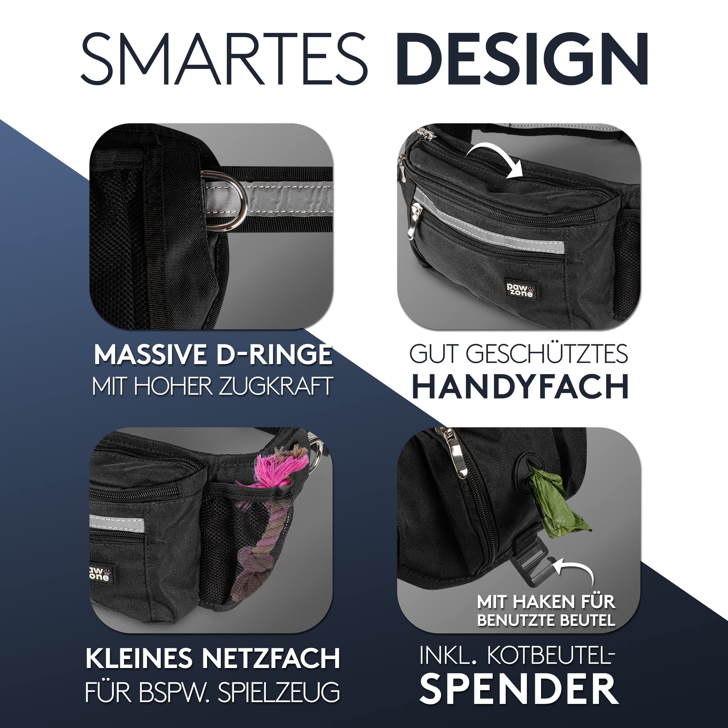 PAWZONE Futterbeutel Hunde - Leckerlibeutel für Hunde - Bauchtasche für Hunde Zubehör - Leckerlitasche für Hunde - Inkl. Reflektorband & Zusatzgurt für Flexileine (Schwarz)