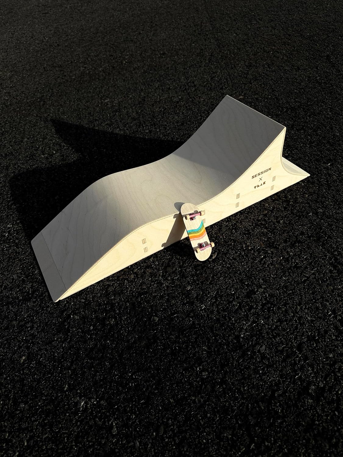 Teak Tuning x Session Fingerboard Quarter Pipe + Mellow Wave Ramp -The Shark - with Roller Coaster Ramp Section and Wall Ride - 20 inch Long - Hand Made in USA