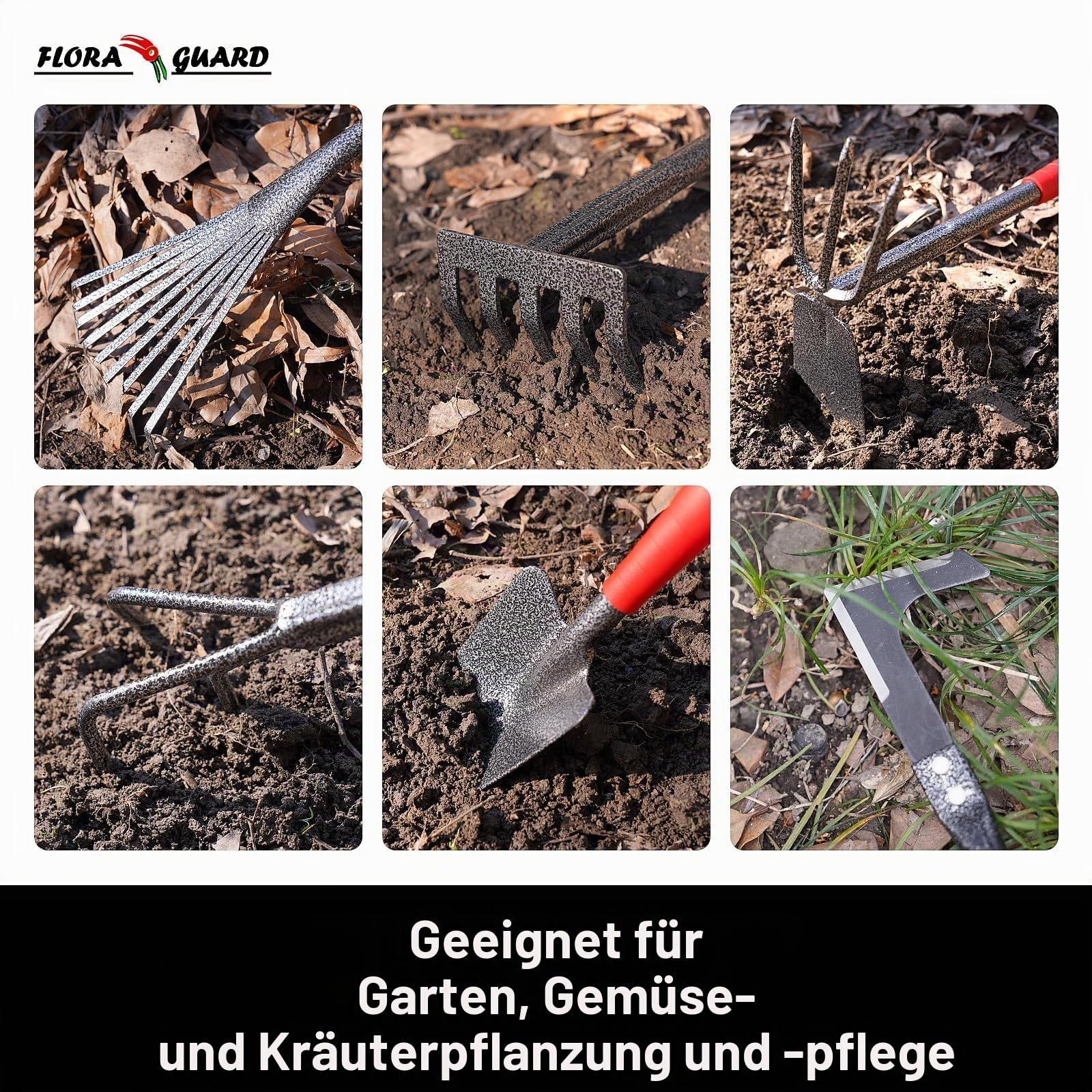 FLORA GUARD 6-teiliges Gartenwerkzeug Set, Gartengeräte Set mit Unkrautstecher, Kelle, Handrechen, Hacke & Kultivator aus Kohlenstoffstahl, Garten Handwerkzeug Set für Pflanzenpflege und Bodenarbeit