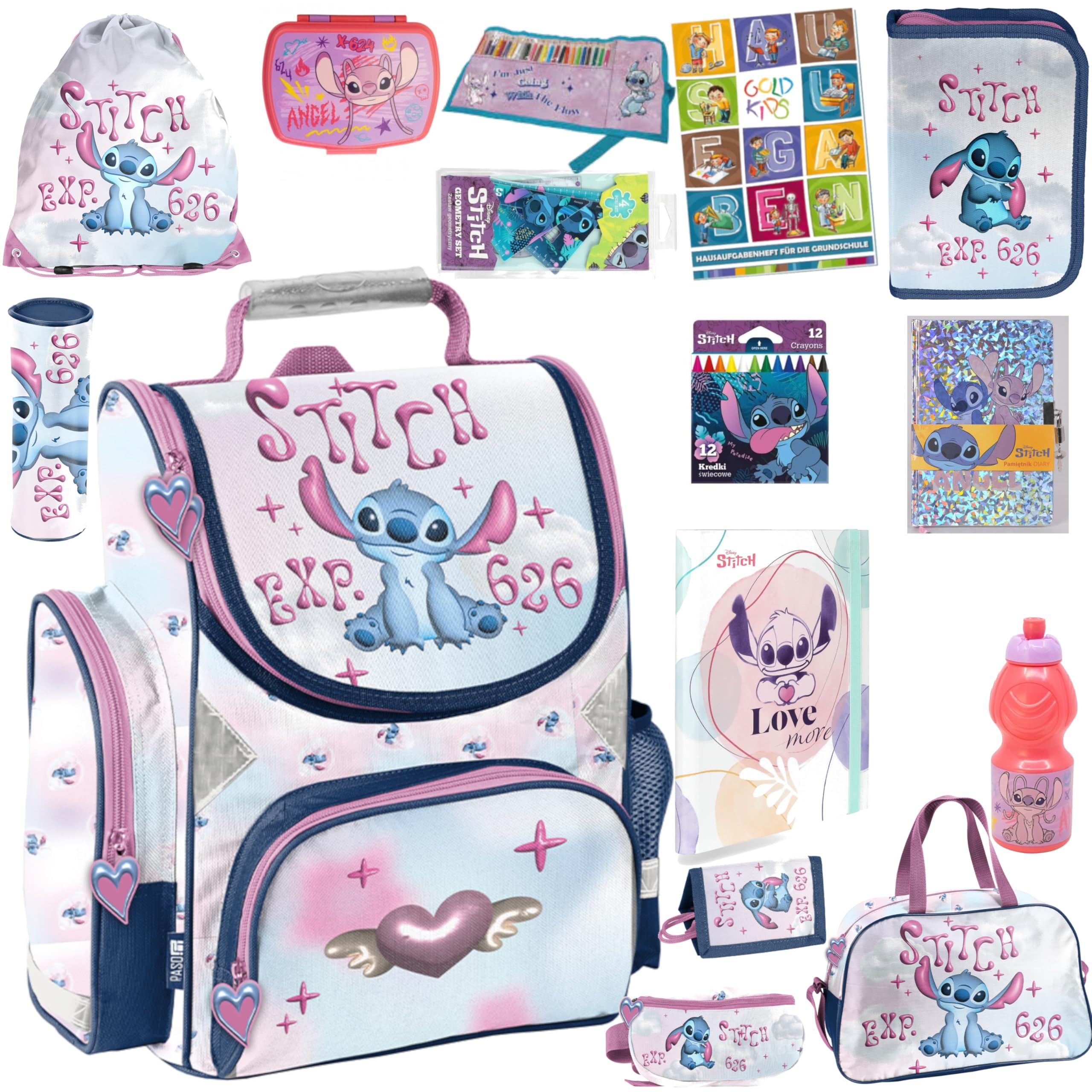 PASO- Schulranzen für Jungen und Mädchen, 15er-Set - Schul-Rucksack für Kinder mit Federmäppchen - Schuhbeutel Trinkflasche und Brotdose - Stitch Motiv- 1-3 Klasse