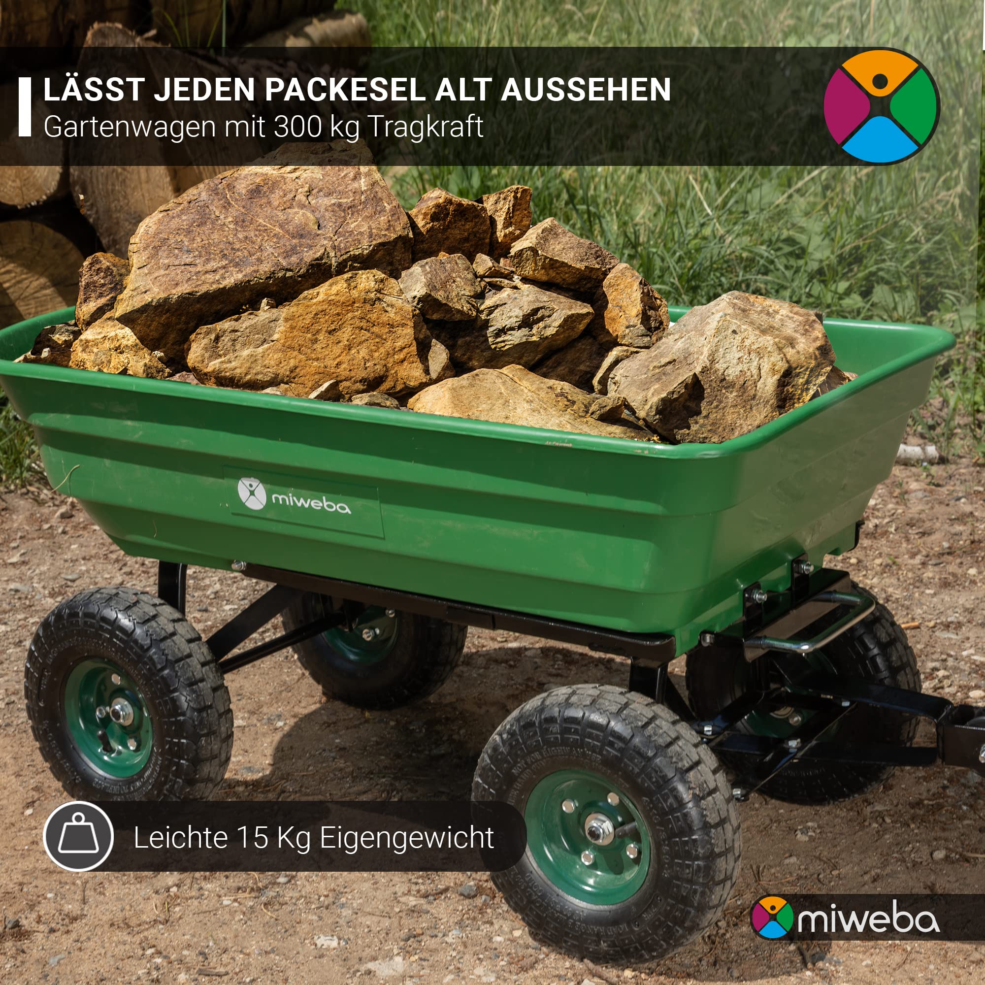 Miweba Bollerwagen Dumper | 𝟑𝟎𝟎 kg Traglast - Luftreifen - Volumen 75 L - Kippfunktion - Sackkarre - Schubkarre - Transportwagen - Kinderwagen - Handwagen - Gartenwagen - Wagen - Kippwagen (Rot)