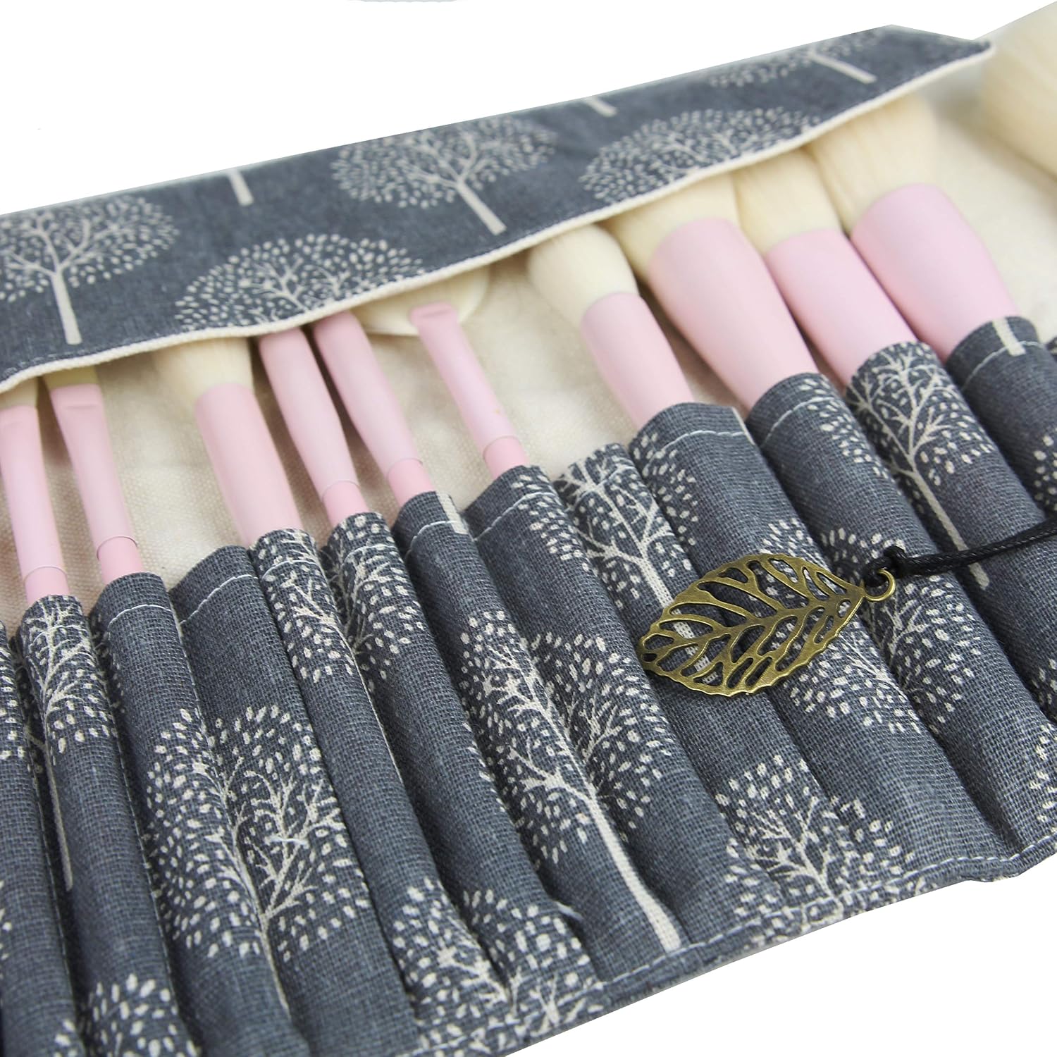 24 Pockets Makeup Brush Rolling Case Pouch Holder Cosmetic Bag Organizer Case with Belt Strap, NO BRUSHES (Gray Tree)