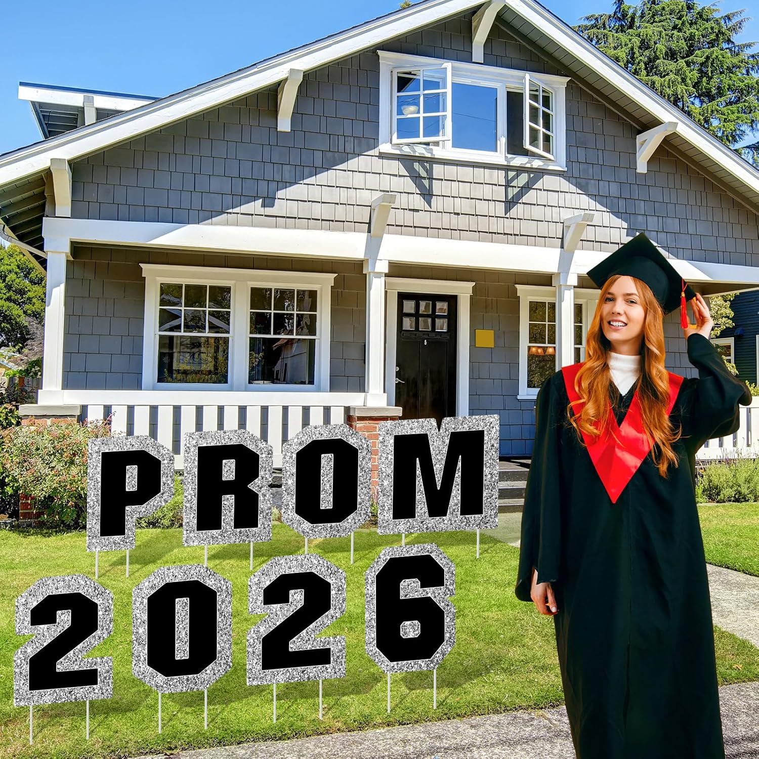 Amyhill 8 Pcs Large Prom 2026 Graduation Yard Signs, 15x15 Inch Letters Prom Night Graduation Decorations Outdoor Waterproof Lawn Sign College Class Party Favors Supplies(Black, Silver)