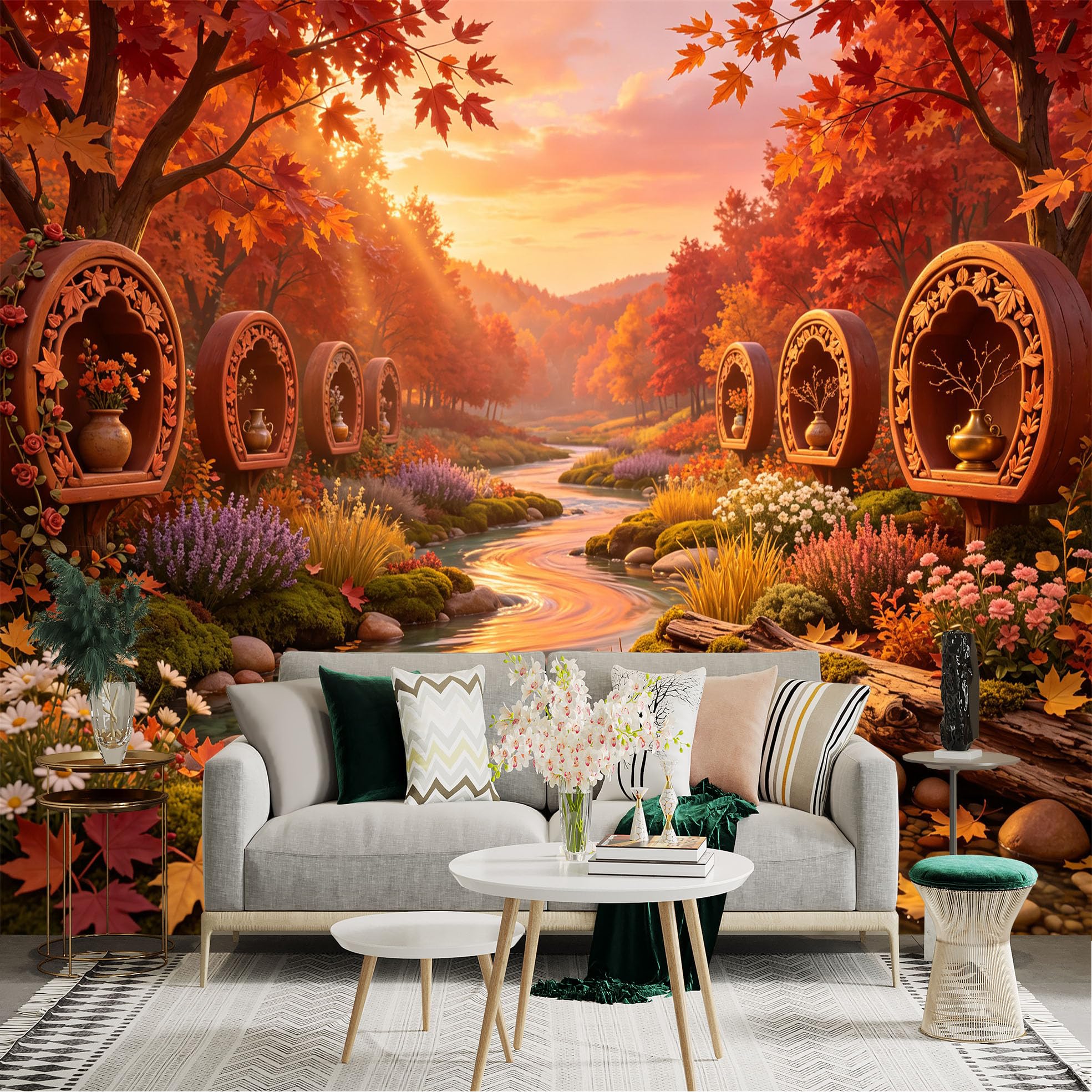 Lnzczhyre Bh260719123 Custom Size Wall Sticker Mural， Autumn Creek With Vibrant Foliage And Garden Ornaments， Scenic Landscape View， For Wall Decoration， Peelandstick Wall Decals.