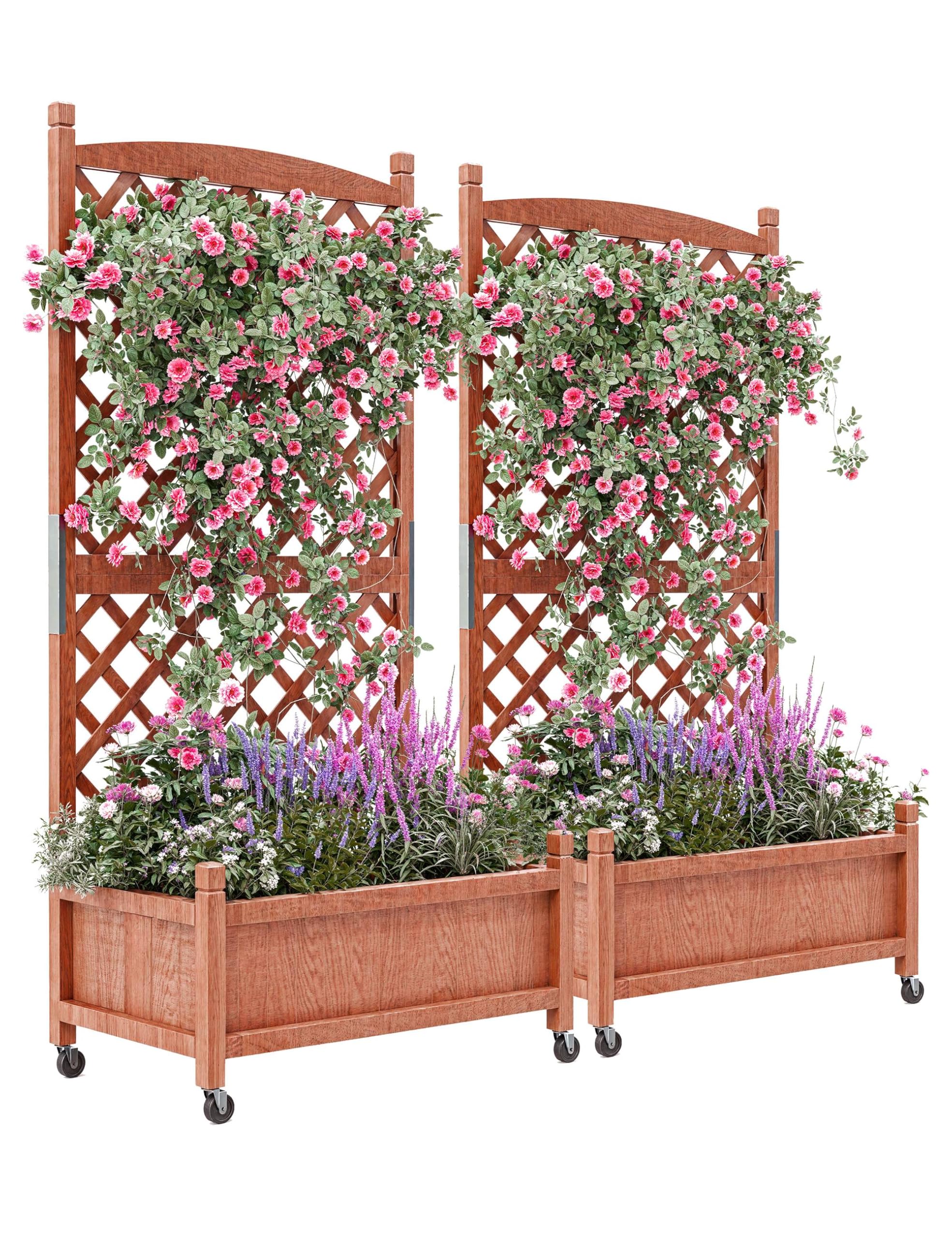 GarveeTech 29.5 in x13 in x61.5 in Wooden Planter Box with Trellis & Locking Wheels - Elevated Garden Bed with Drainage for Plants/Flowers - Easy