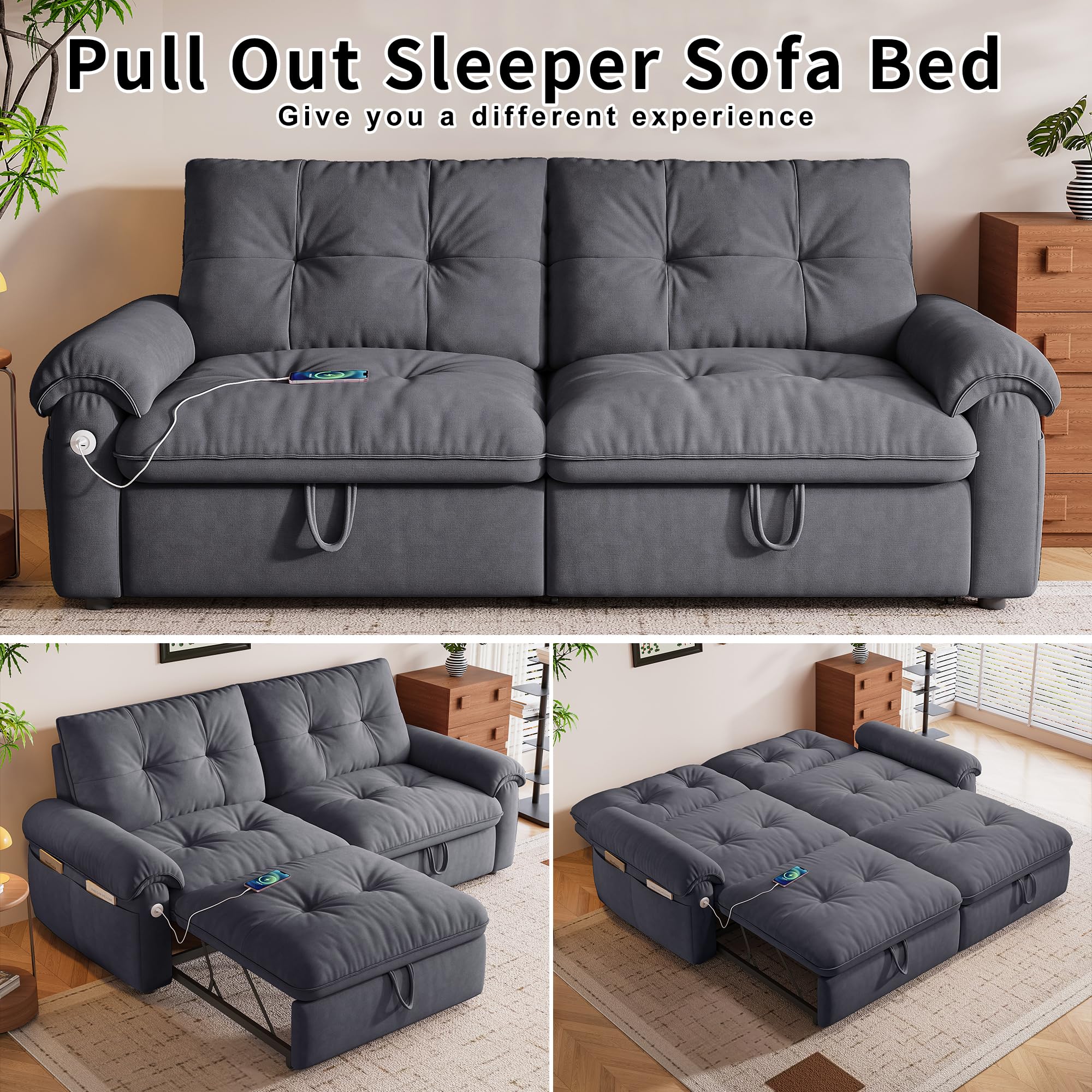 77" Queen Size Sofa Bed, 3-in-1 Convertible Sleeper Sofa Bed with Adjustable Backrest, Modern Velvet Couch with Side Pocket and USB Ports, for Living Rooms, Bedrooms, Small Spaces (Grey, 77.2inch)