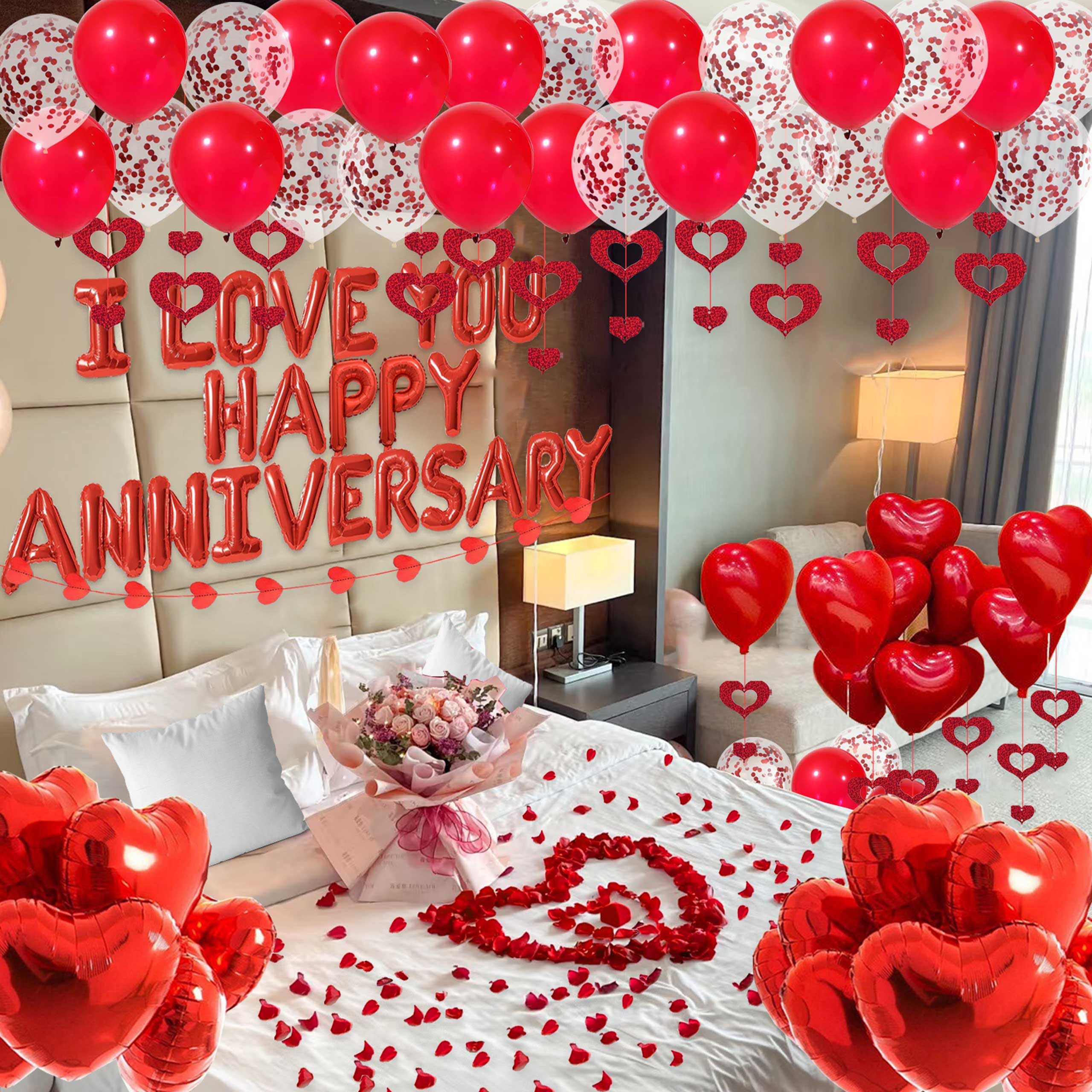Red Happy Anniversary Decorations I LOVE YOU Letter Balloons - 1200pcs Red Artificial Rose Petals 16" Letter Balloons 18" Heart Foil Balloons Latex balloons heart balloons Hanging Swirls Heart Banner