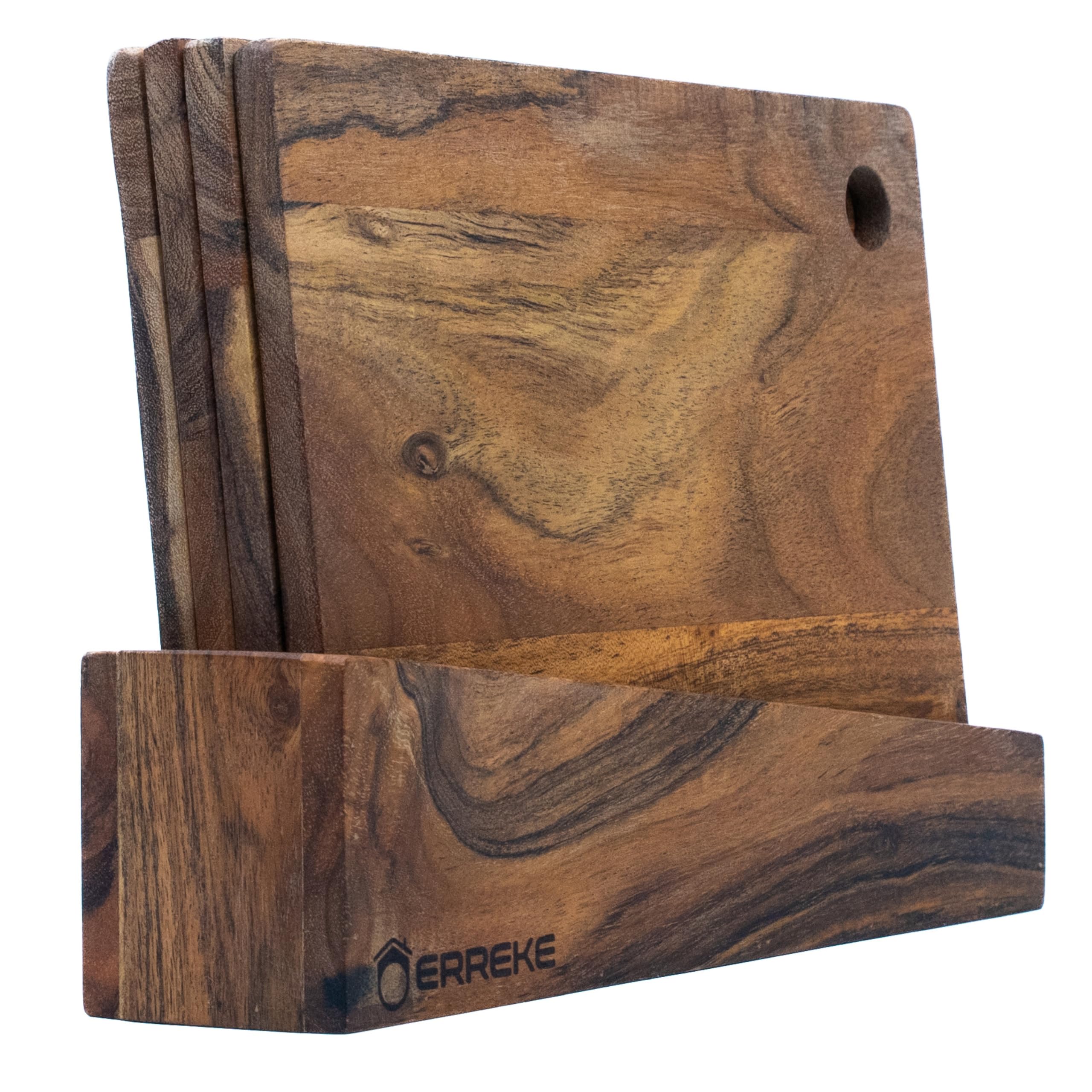 Erreke Planche à Découper Cuisine en Bois d'Acacia Naturel, Set de 4 | Set de 4 avec Support. Quatre Tailles pour Découper et Servir. Bois Résistant et Durable. Planche à Servir et Présenter