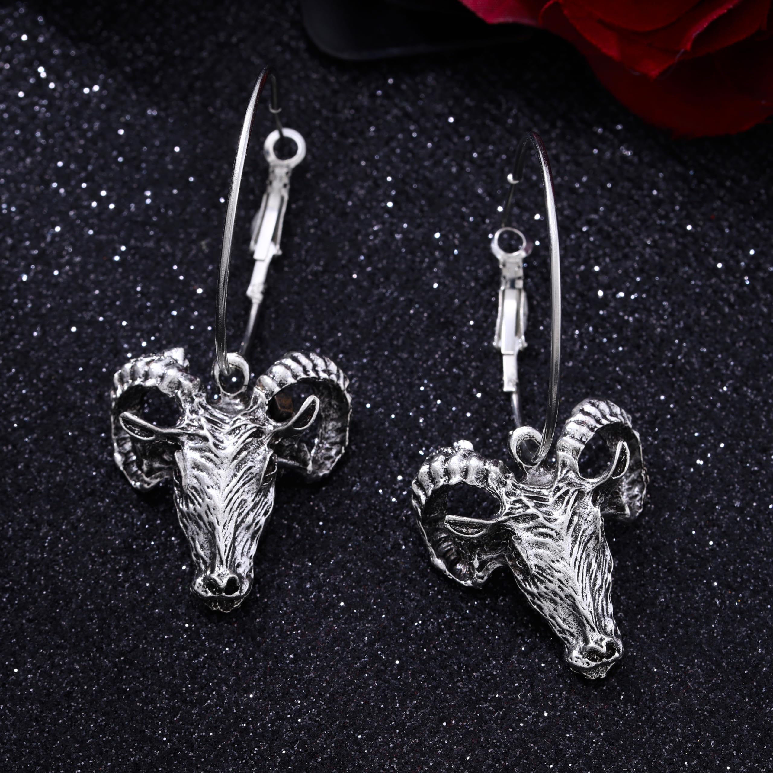 Formery Halloween Satan Goat Head Hoop Earrings Silver Gothic Punk Devils Goat Earring Party Cosplay Costume Accessories
