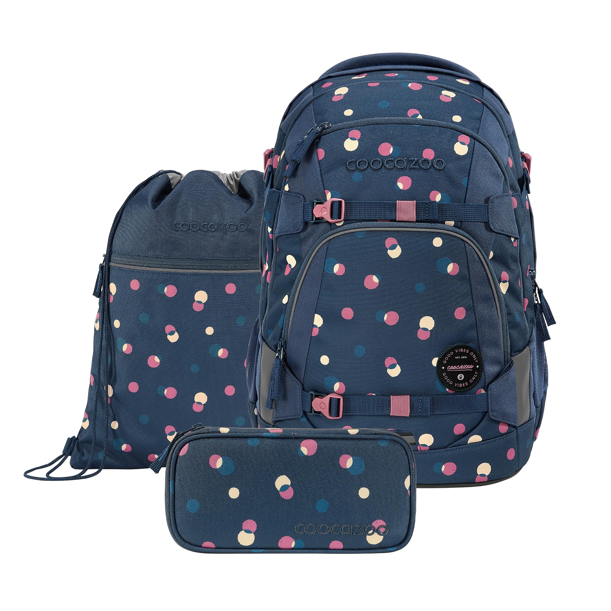 Coocazoo Schulrucksack-Set MATE „Bubble Dreams“ 3-tlg., schwarz, ergonomischer 30L Tornister, höhenverstellbar mit Hüftgurt für Kinder ab der 5. Klasse, inkl. Federmäppchen und Turnbeutel