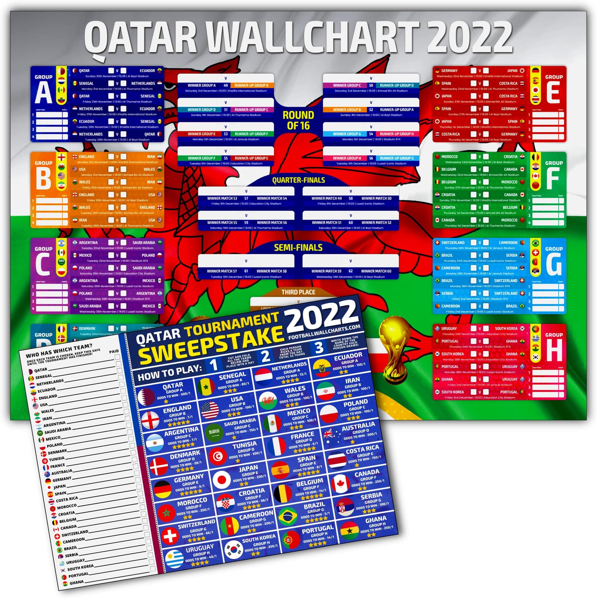 Wales Wallchart (A2 size) and Sweepstake Kit - All the vital tournament information, track all the scores from Qatar - Physical Sweepstake Ideal For Offices, Schools, Bars and Family Fun, Multi