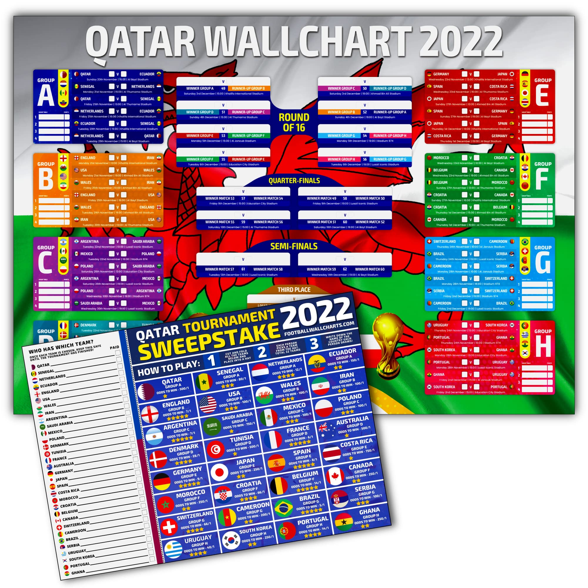 Wales Wallchart (A2 size) and Sweepstake Kit - All the vital tournament information, track all the scores from Qatar - Physical Sweepstake Ideal For Offices, Schools, Bars and Family Fun, Multi