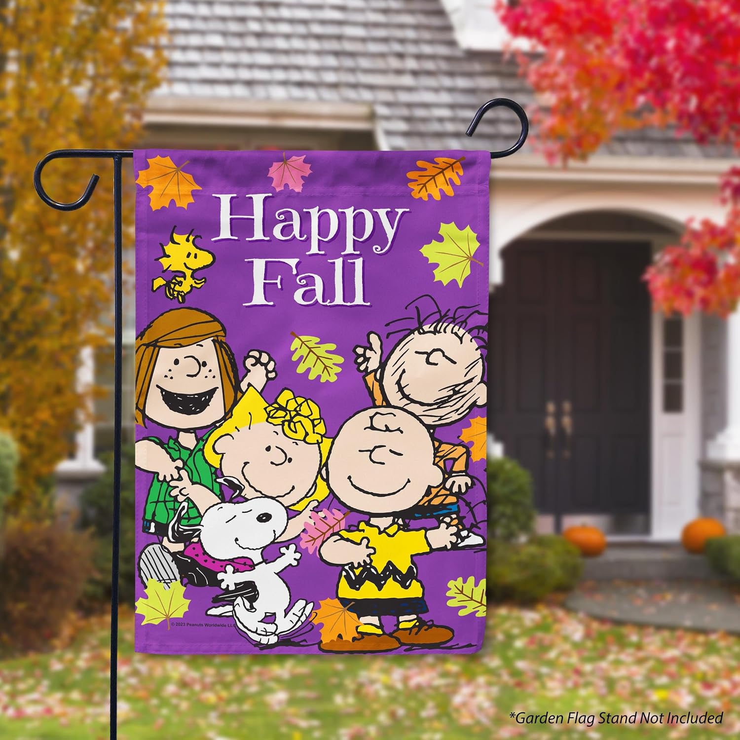 Flagology, PEANUTS® Dancing in Fall Friends – Garden Flag 12" x 18", Outdoor Flag, Exclusive Premium Fabric, Officially Licensed PEANUTS®, Fall, Autumn