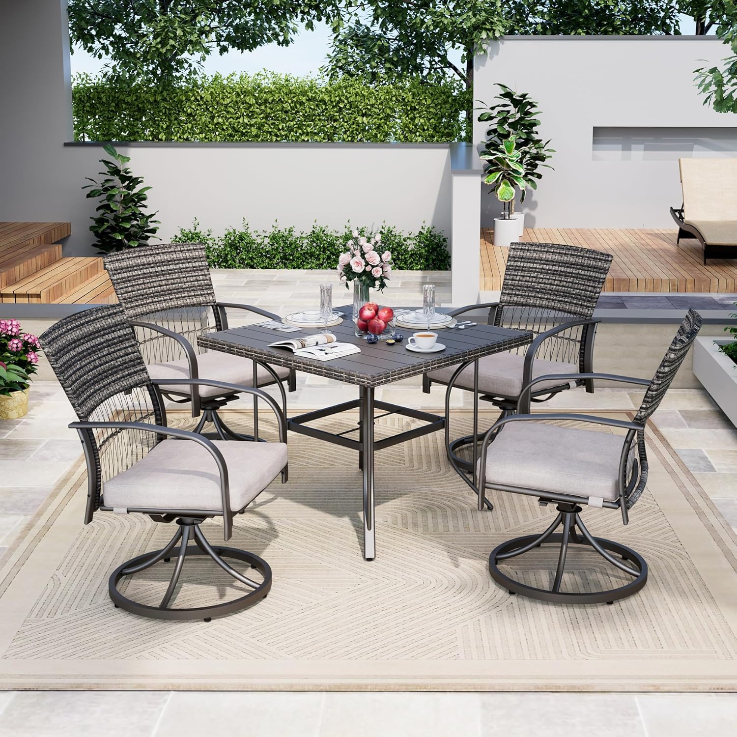 Pamapic 5-Piece Outdoor Dining Set with Swivel Chairs, Rattan Patio Furniture for Backyard, Deck, Garden, Weather-Resistant Iron Slats Table & 4 Chairs with Removable Cushions (Grey)