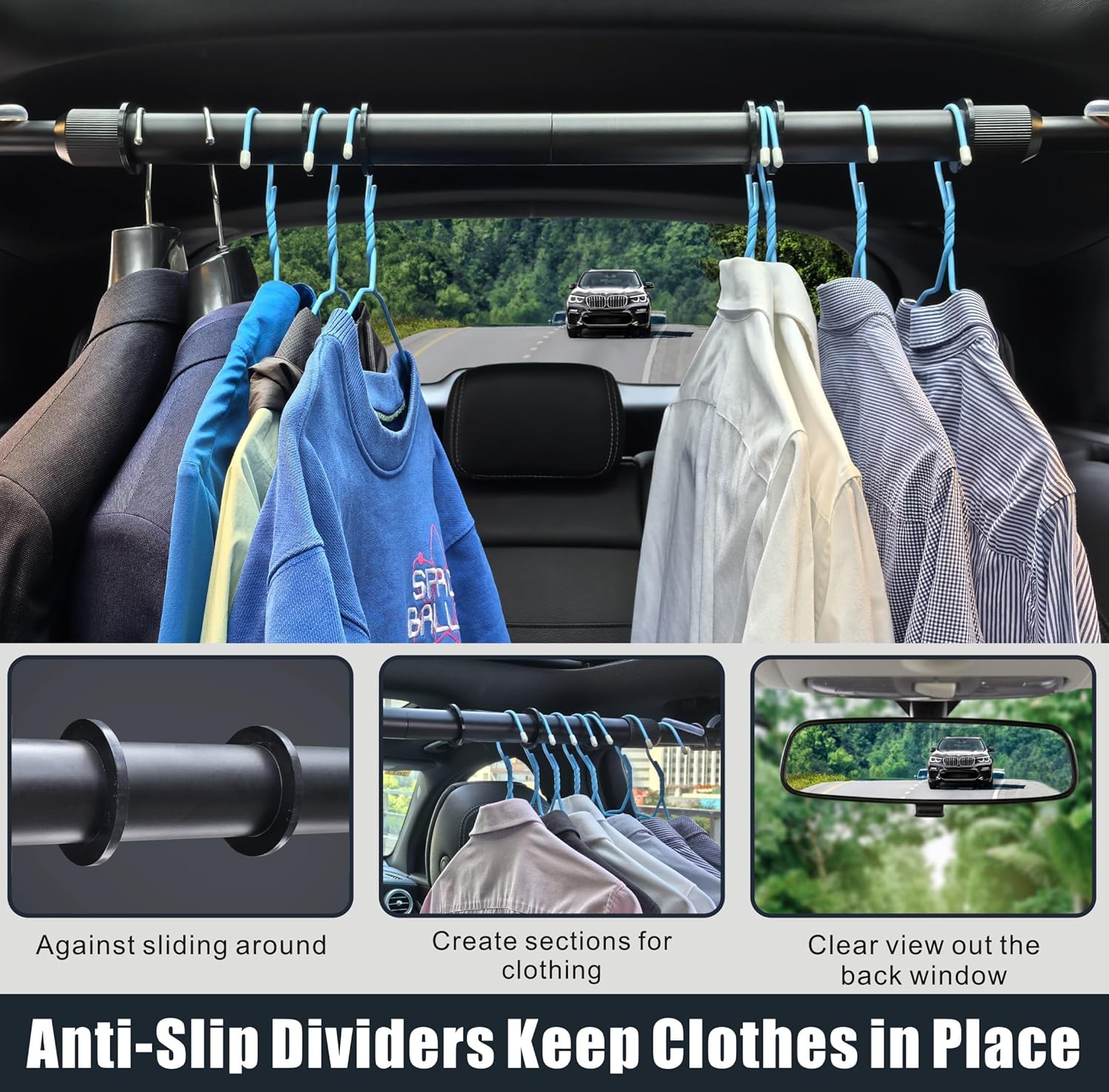 Car Clothes Hanger Bar Adjustable Garment Rack 30''-50'' Heavy-Duty Hanger Rod for Small or Medium Vehicles Travel Closet Black Metal Pole for Auto Clothing Organizers & Storage (Hold up to 120lbs)