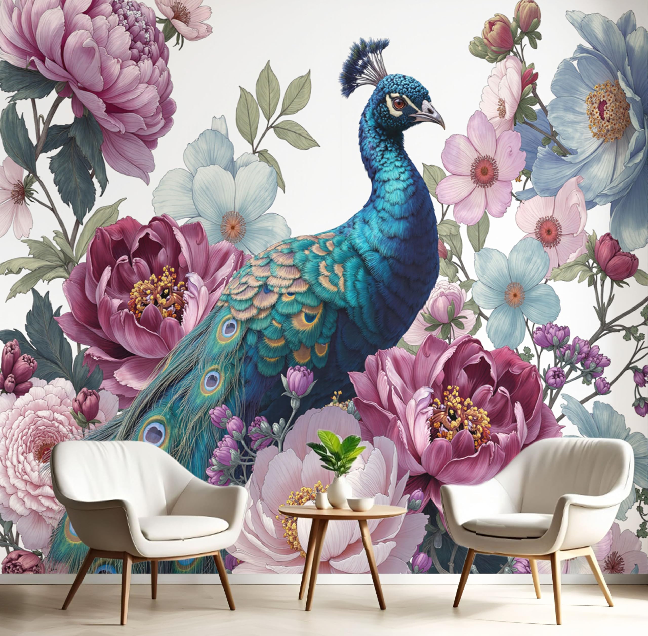 Papier peint panoramique paon rose pour une ambiance salon chic et cosy