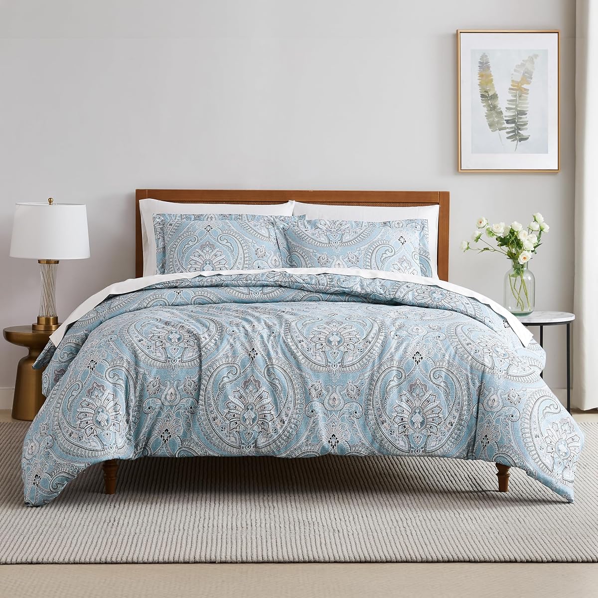 Juego de funda nórdica reversible Paisley Cal King, funda nórdica extragrande Boho California King, ropa de cama resistente al pelo de mascotas, 2 fundas de almohada, relleno no incluido - Pure Melody Aqua