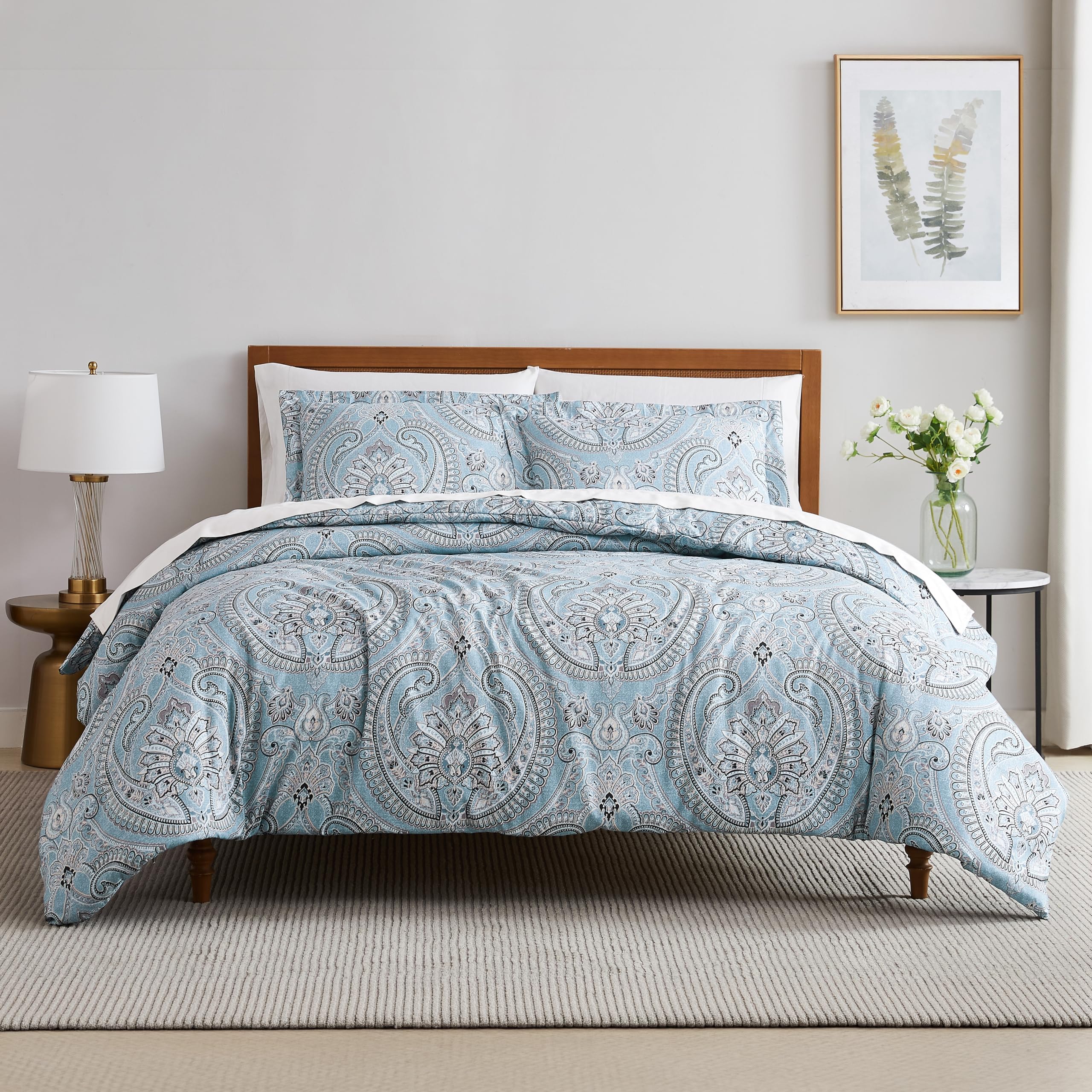 Blue Paisley Comforter Set King, Down Alternative Boho Bedding, Paisley Bedspread, California King Comforter Oversized with 2 Matching Pillow Shams, Pure Melody Aqua